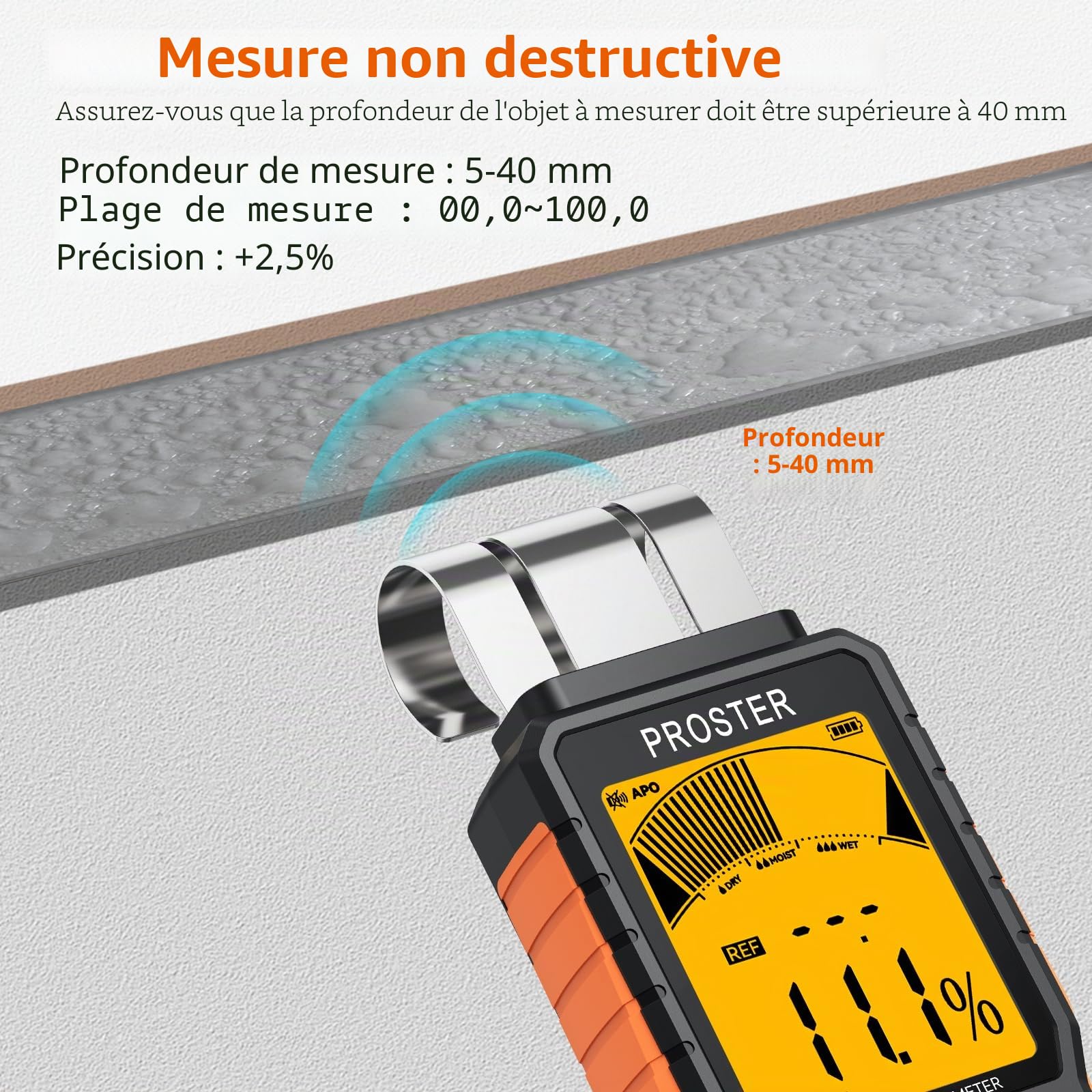 Proster Humidimètre Sans Pointe à Capteur Plat Détecteur d’Humidité Professionnel Mesure Non-Destructif Haute Précision Rechargeable Avec Écran LCD Rétroéclairé et Alarme Sonore Pour Mur, Bois, Béton