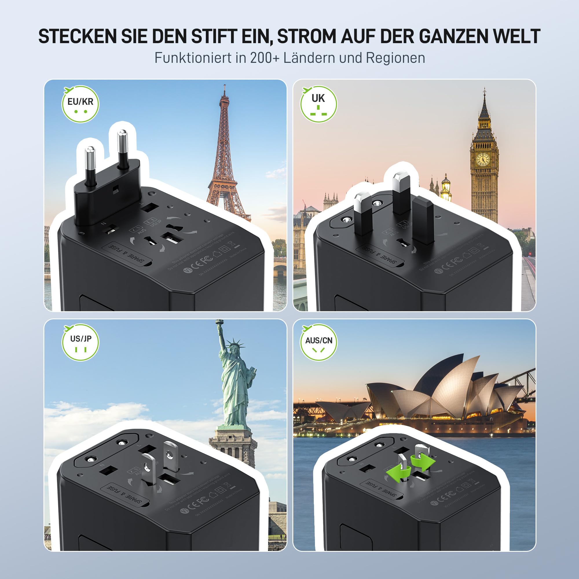 EPICKA Reiseadapter Weltweit, Universal Reisestecker Adapter 17W, Internationaler Steckdosenadapter mit 2 USB A und 2 USB C für Deutschland USA UK Japan Thailand Australien TA-104e