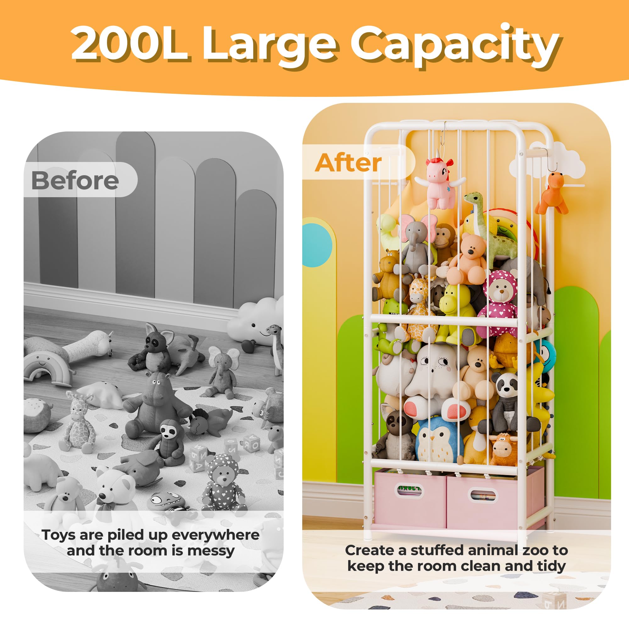 GRANNY SAYS Jaula de Peluches con Cajas de Tela, Jaula Estantería de Metal para Juguetes, Organizador Juguetes, Organizador de Juguetes para la Habitación de los Niños Guardería Sala de Juegos
