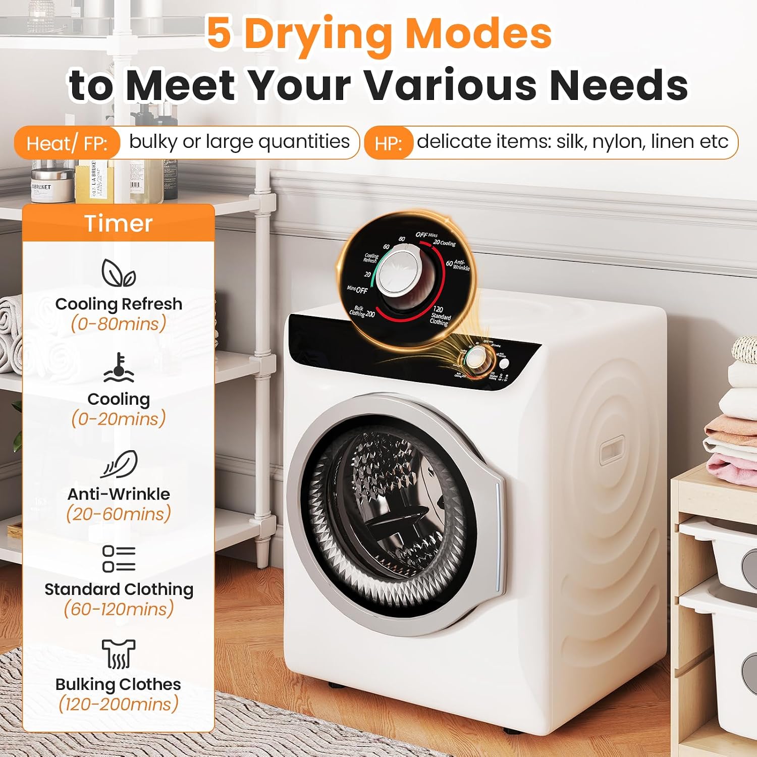 Zynkez 2.5 Cu.Ft Portable Clothes Dryer, 1400W Compact Electric Dryer with Stainless Steel Tub, Front Load Tumble, 5 Modes, Portable Dryers for Laundry, Apartments, Dorms, RVs, White