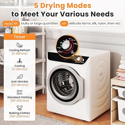 Miniatura 2 de Zynkez Secadora de ropa portátil de 2.5 pies cúbicos, secadora eléctrica compacta de 1400 W con bañera de acero inoxidable, carga frontal, 5 modos,
