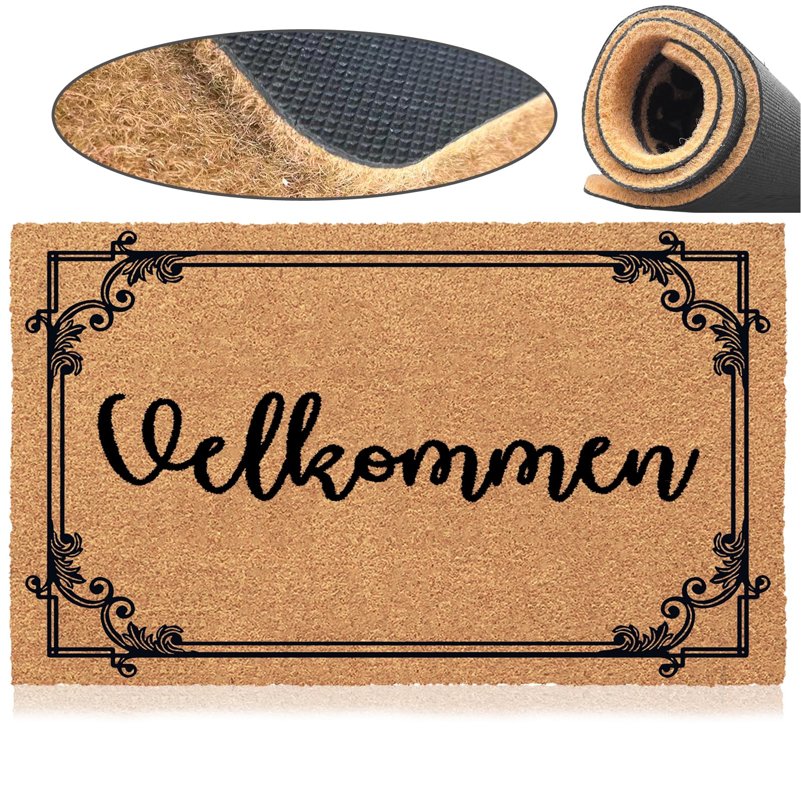 Welcome Mat Velkommen Door Mats for Home Entrance Funny Doormat, Coir Fiber Outdoor Doormats for Entrance Anti-Slip PVC Backing 18" x 30"