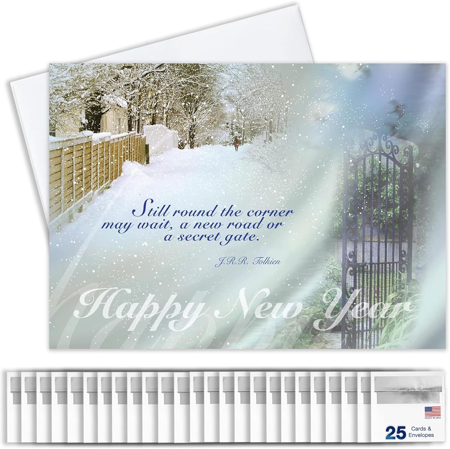 New Years Cards for Business & Family (Tolkien Winter Scene) Greeting Card Set Pack of 25 Happy New Year Cards with Envelopes for 2026 (5x7 inch - A7) Great for Office, Work, Employees & Clients N8008