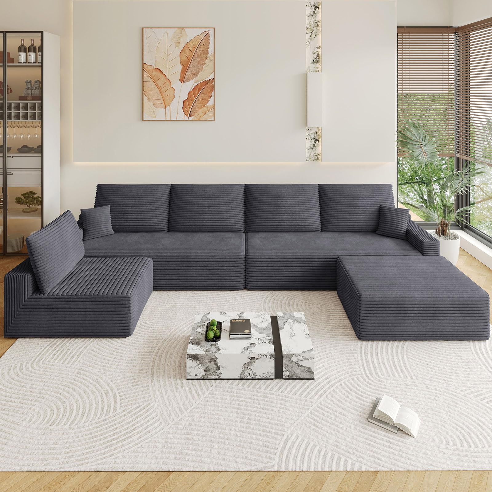 Oversized Modular Sectional Sofa Couch,Large 6 Seater Corner Sofa Modern U Shaped Sectional Couch with Ottoman Cloud Couches for Living Room,Office,Spacious Space,Corduroy,No Assembly,Dark Grey