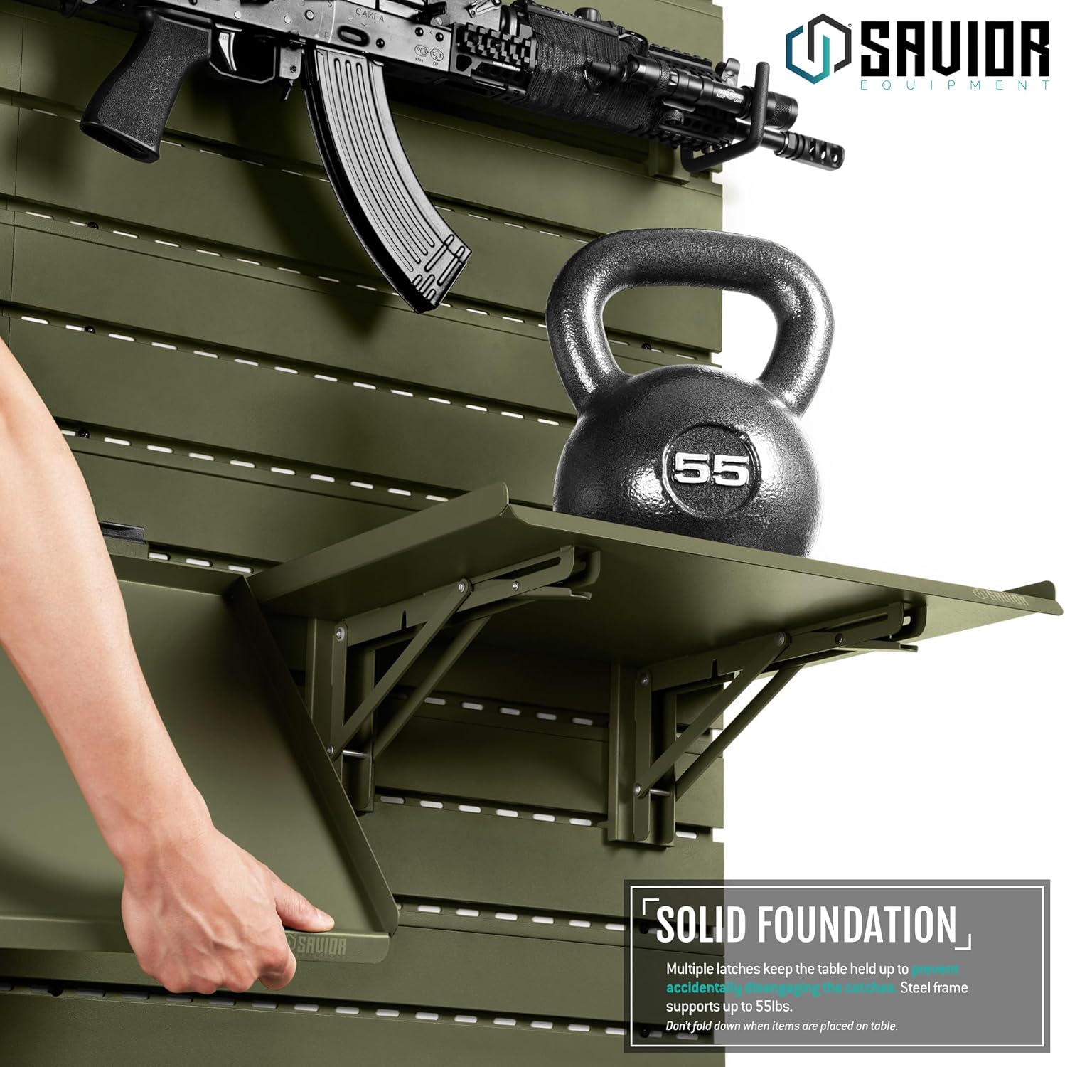 Savior Equipment Wall Rack System Heavy-Duty Steel Folding Table Workbench Shelf Collapsible Wall Mount Hanger, 17" Green