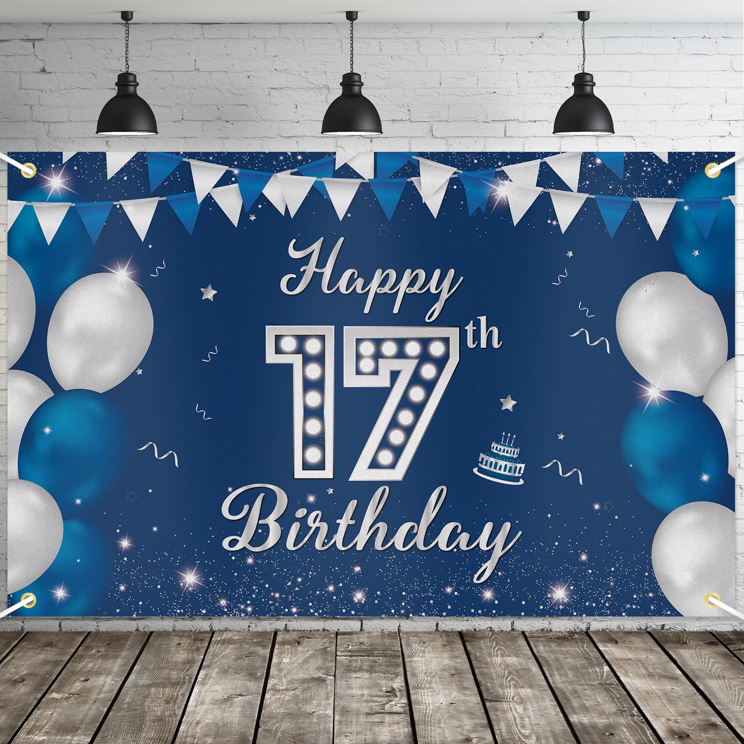 JOYKY Happy 17th Birthday Banner, Blue Silver Happy 17th Birthday Party Decorations for Boys, 17 Year Old Birthday Supplies Backdrop Décor, 5.9 X 3.8 Fts — image 1