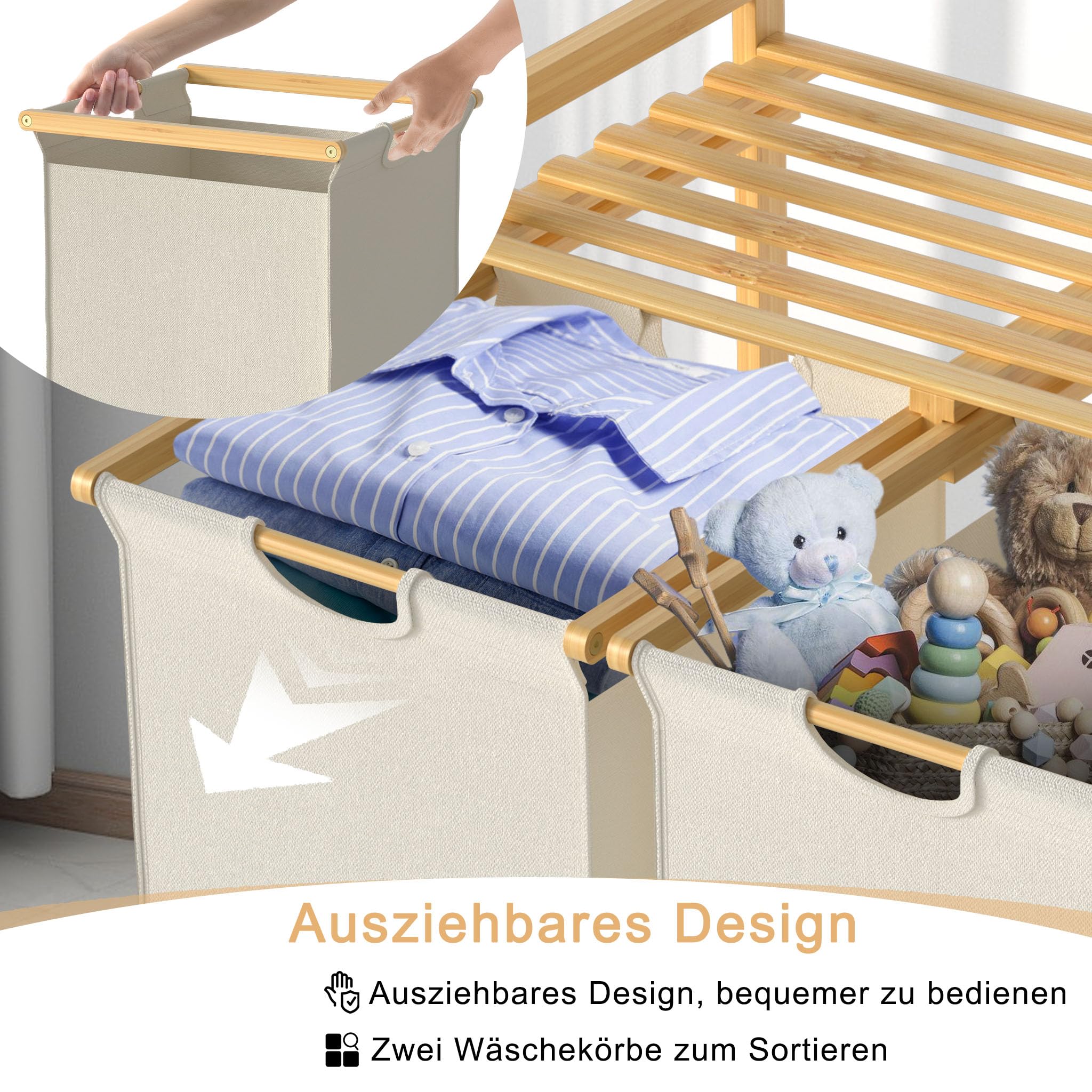 UISEBRT Bambus Wäschekorb mit 2 Fächern, 72L Wäschesortierer aus Oxford-Stoff, Wäschesortiersystem abnehmbar und waschbar, 73x64x33,5cm, Beige