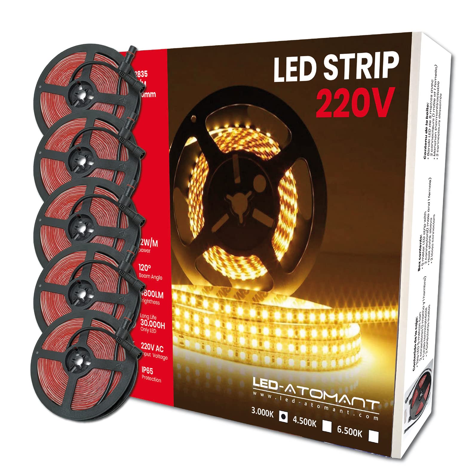 LED ATOMANT Pack 5x Rollo de 5 metros de Tira de Luz LED Directa a 220v, 12W/m, Color Blanco Calido (3000K), Impermeable (IP65), Corte cada 10cm