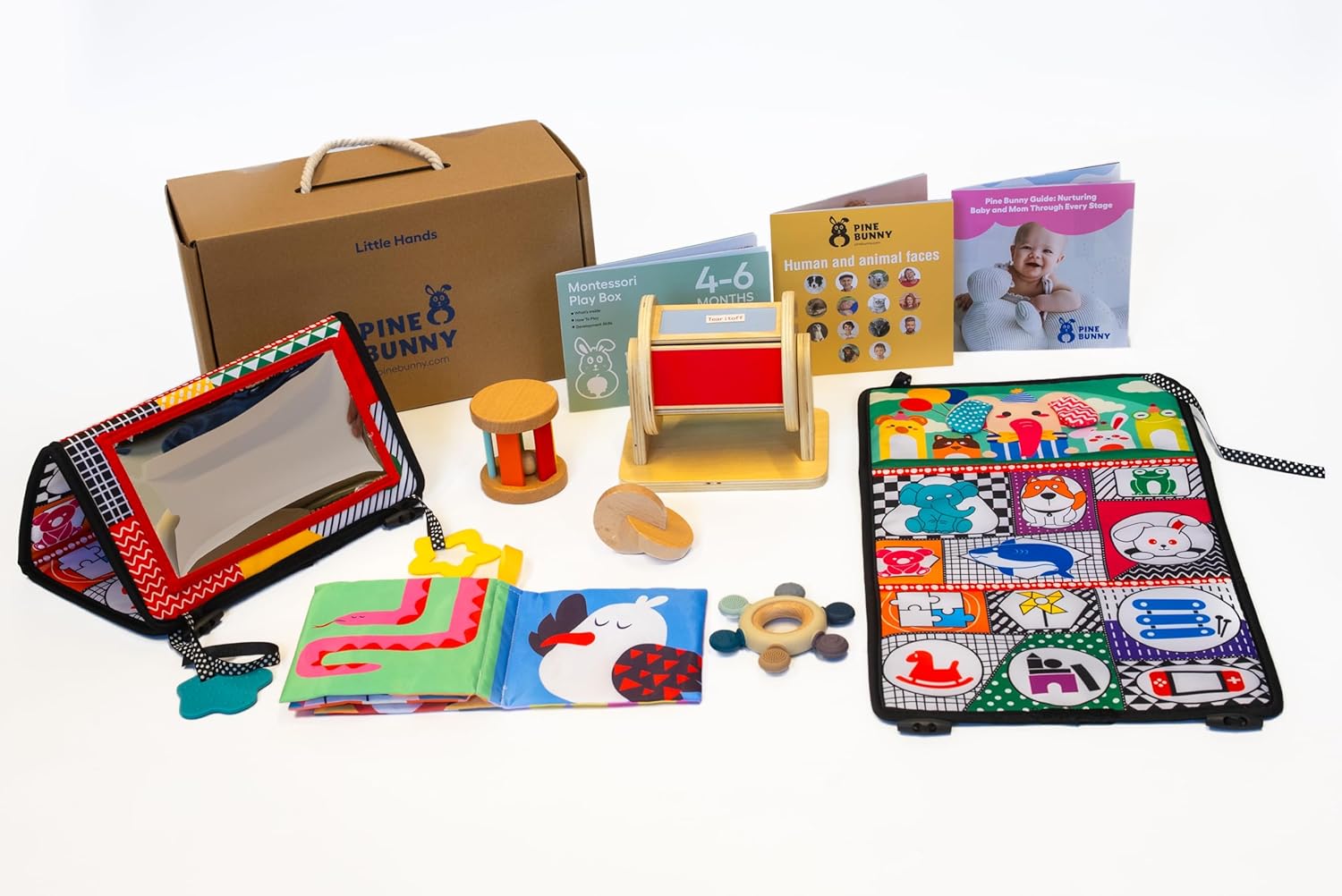 Pine Bunny Montessori Wooden 9-in-1 Toy Set for 4+ Months, Silicone Teether, Interlocking Discs, Mirror Toy, Wooden Bell Cylinder, Cloth Book, Spinning Drum, Educational Learning Sensory Development