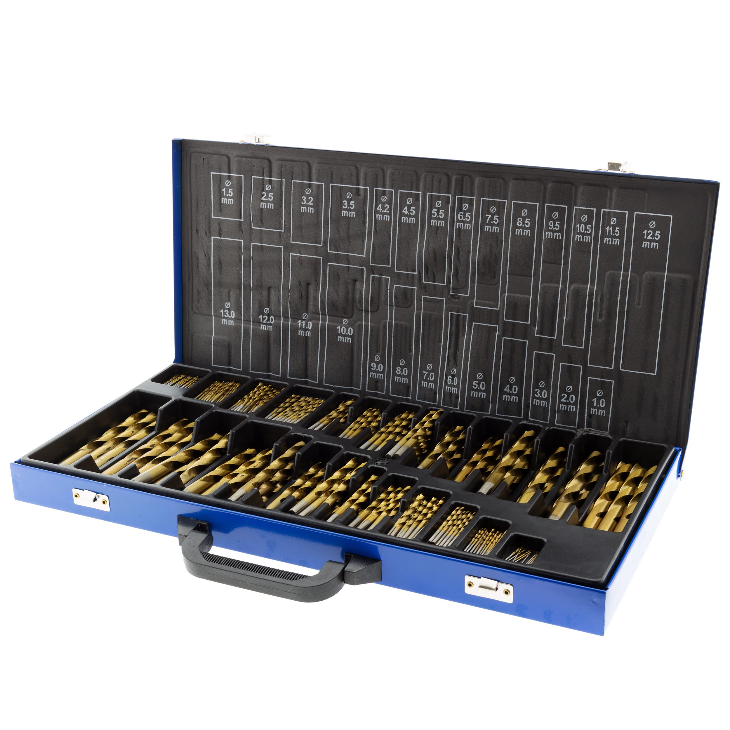Toolchest Premium HSS - Juego de brocas en espiral (230 piezas, 1-13 mm, titanio, DIN 338, en maletín de metal)