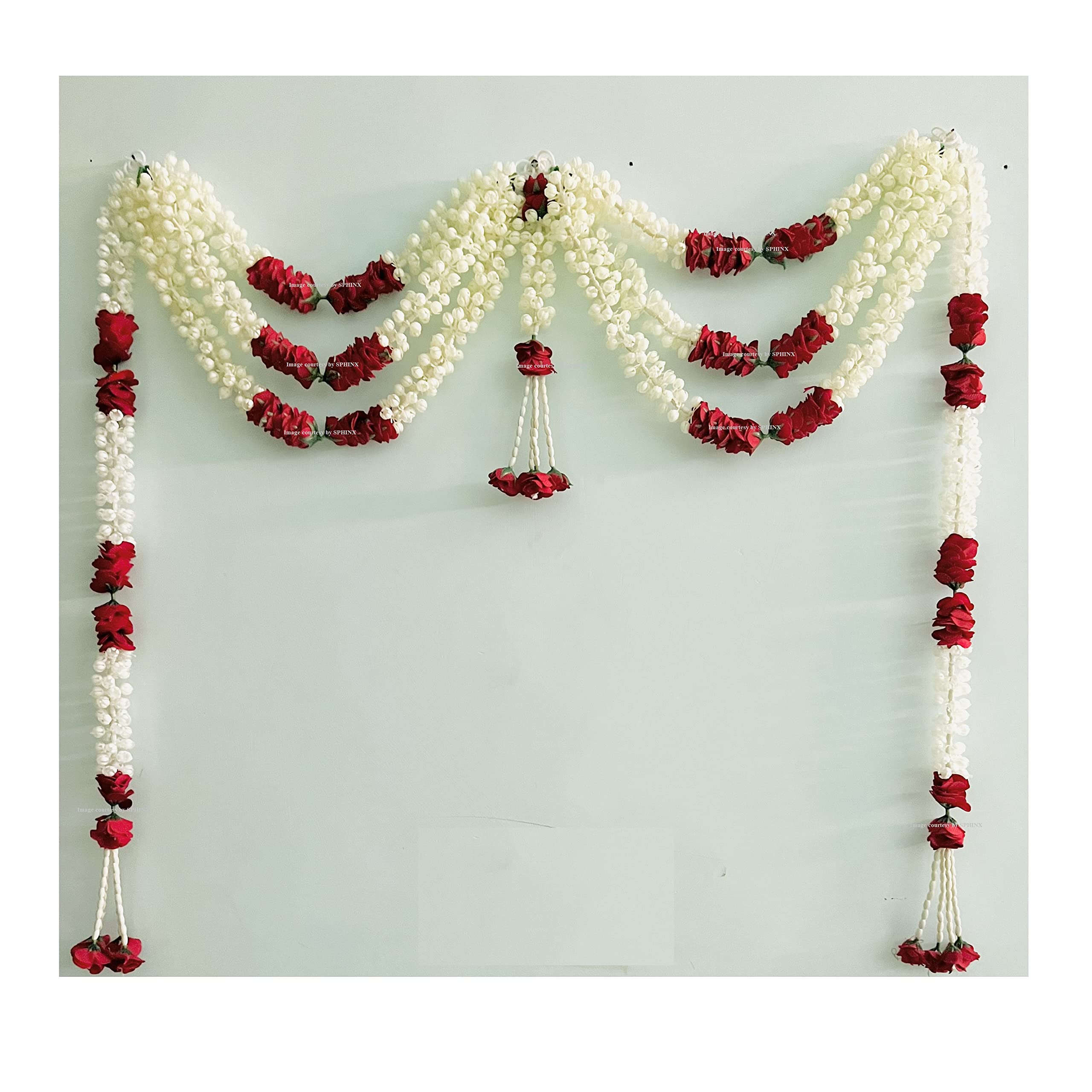 SPHINX Artificial Jasmine (mogra) and Roses Door toran/Door hangings/Door Garlands for Main Entrance, Festive Wedding Housewarming Decorations - (Triple line with Clustered/Tassle Strings, 1)