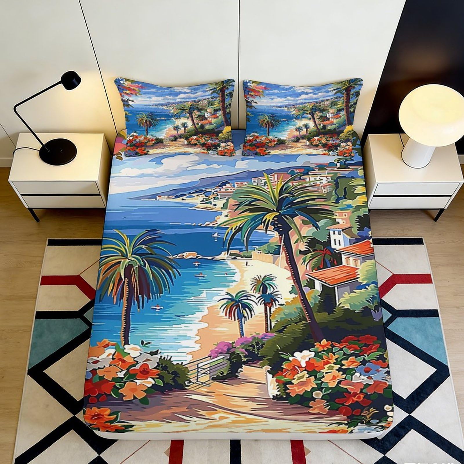 3D Printed Coastal Landscape Fitted Sheet Microfiber Soft Breathable Tropical Beach Mattress Cover for Bedroom Dormitory Guest Room Protection Decor 160x200x25cm