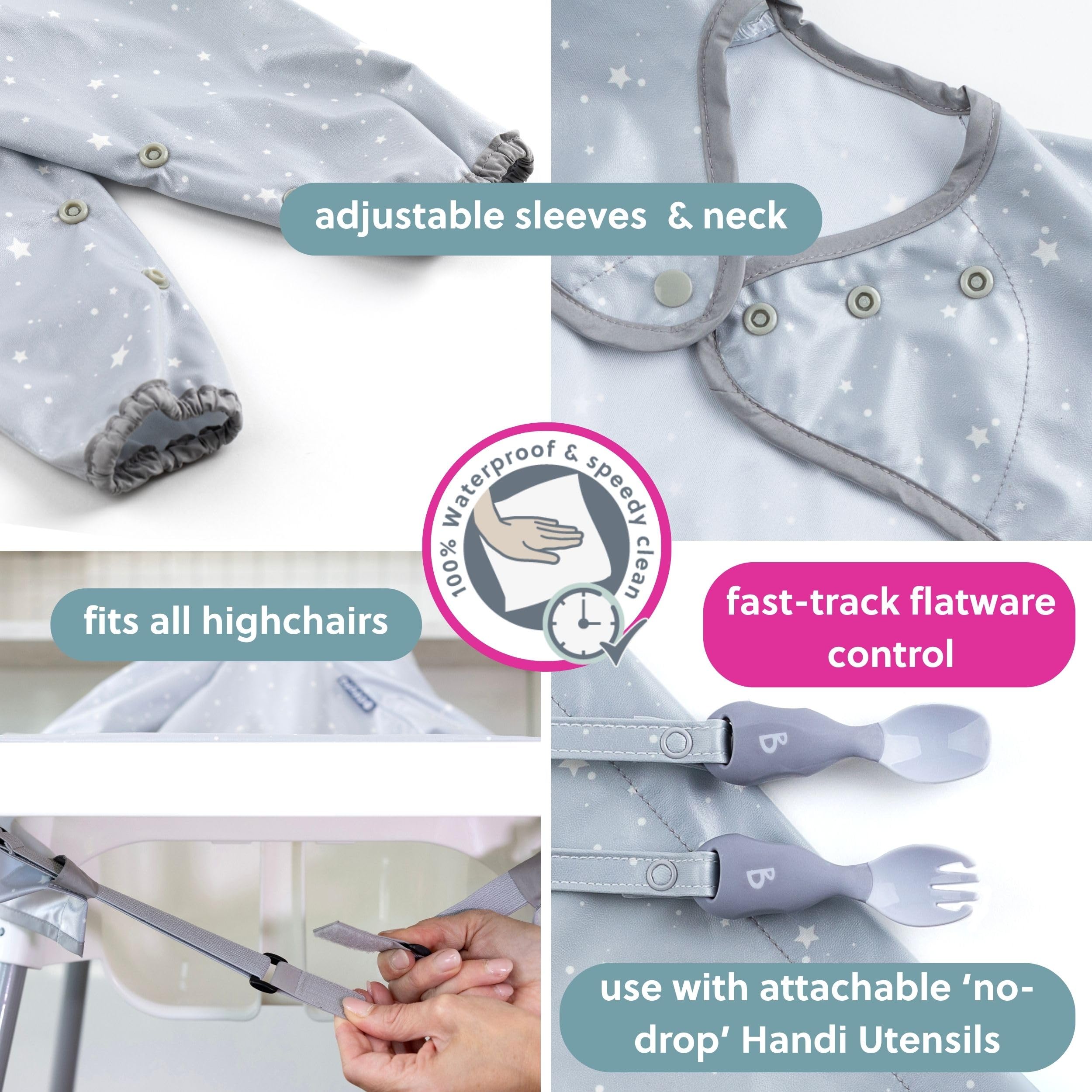 BIBaDO Bavoir à manches longues pour bébés et tout-petits de 6 à 36 ans. Bavoir anti-désordre pour bébé qui se fixe aux chaises hautes, poussettes, tables. 100% imperméable, lavable en machine