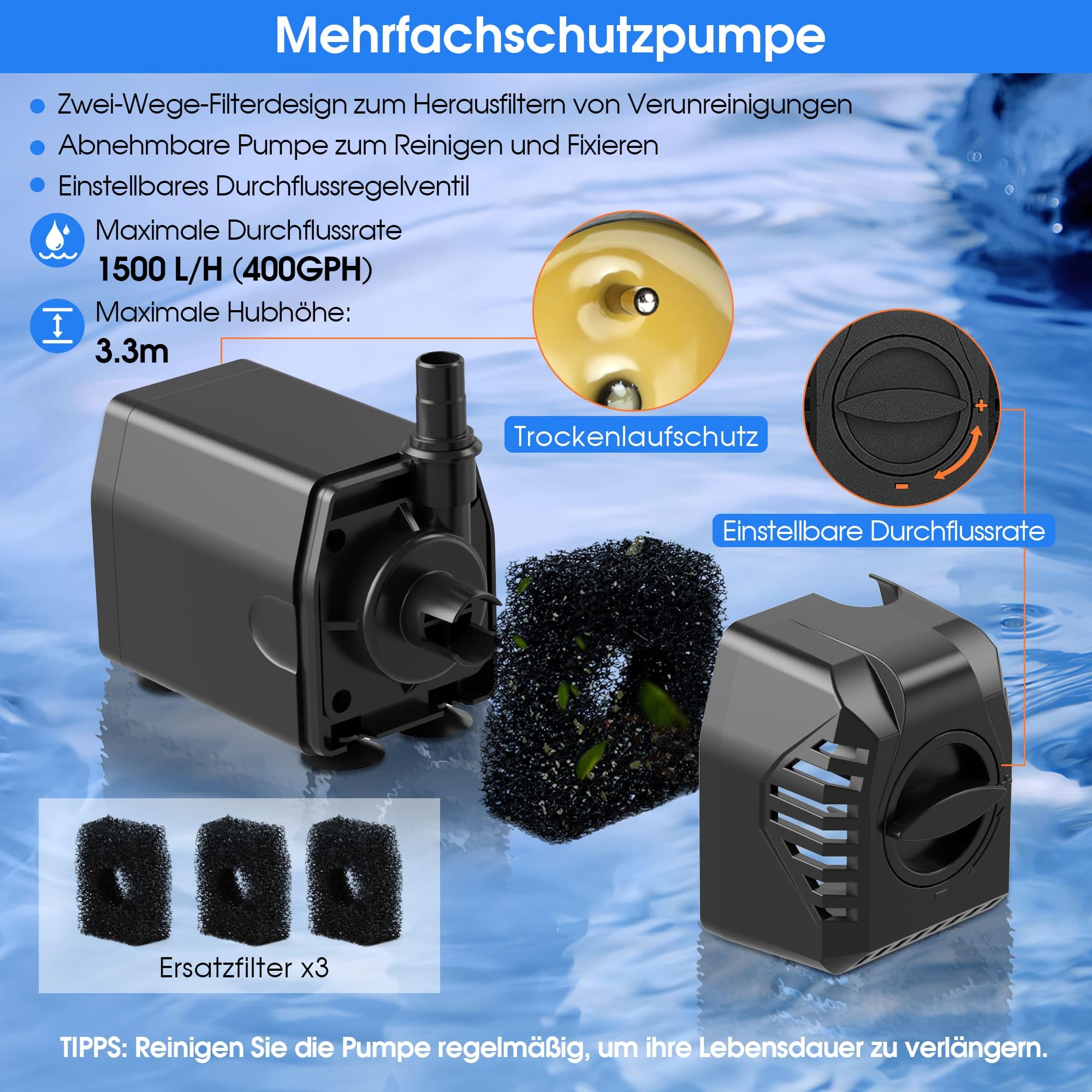 Biling Fuente solar de 35 W, para exteriores, con 4 boquillas, fuente solar de 1200 l/h, para exteriores, estanques grandes (5 – 15 ㎡), ajuste de caudal, silenciosa, bomba de estanque, solar