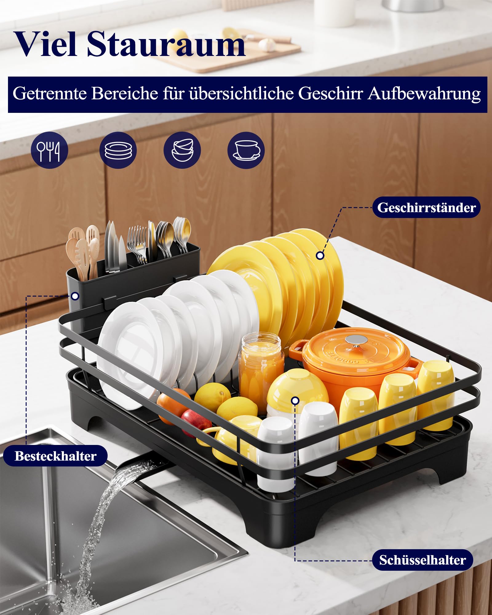 Kitsure Abtropfgestell Geschirr Geschirrgestell für die Küchentheke mit Besteckhalter, rostfreie Aufbewahrungslösung, Abtropfgestell mit drehbarem Halter, 46,5 cm x 30,5 cm x 14,0 cm, Schwarz