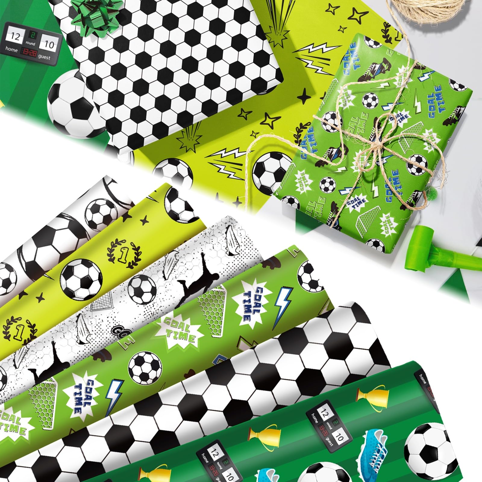 Aisszhao Christmas Wrapping Paper with Tree, Reindeer, Snowflakes Designs, Metallic Paper, 70x50cm, 12 Pieces, Modern Elegant Style for DIY Gift Wrapping (Green football)