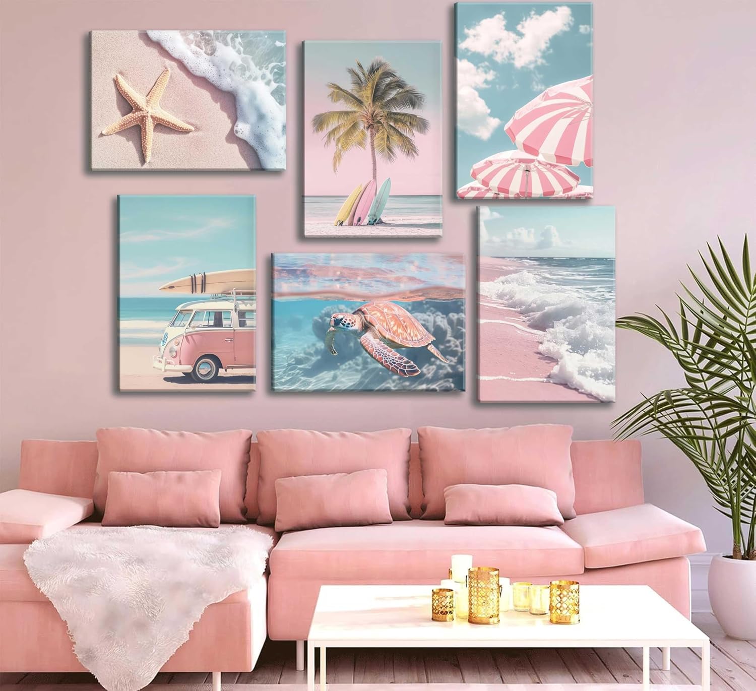 6Pcs Pink Summer Beachy Wall Art Fresh Pink Tropical Ocean Art Print Beach Chairs Starfish Surfboard Palm Tree Wall Decor Retro Coastal Canvas Picture Bus Van Canvas Painting for Bedroom Framed