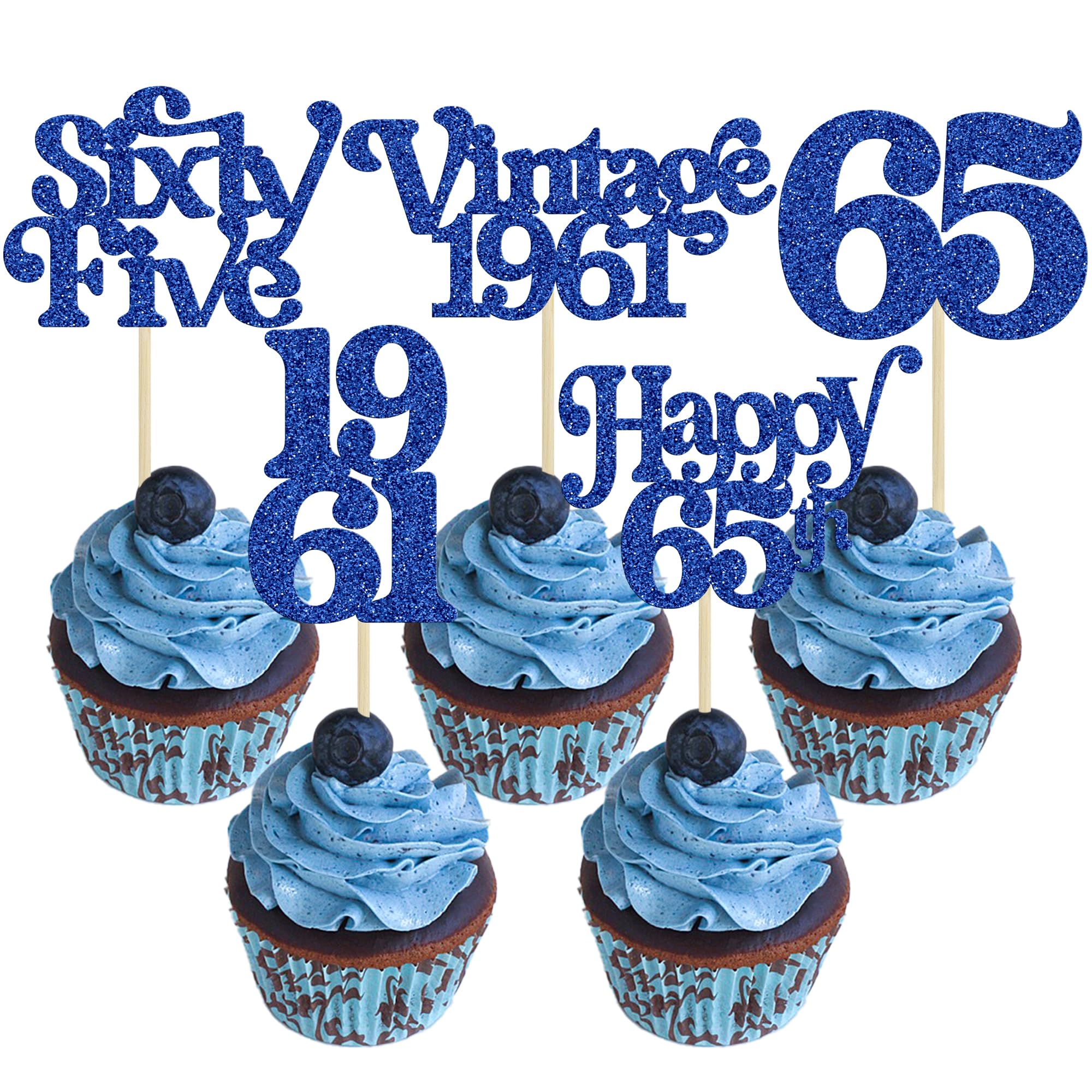 Gyufise 30Pcs 65th Birthday Cupcake Toppers Glitter Vintage 1961 Cheers to 65 Fabulous Sixty Five Cupcake Picks 65th Birthday Wedding Anniversary Party Cake Decorations Supplies Blue