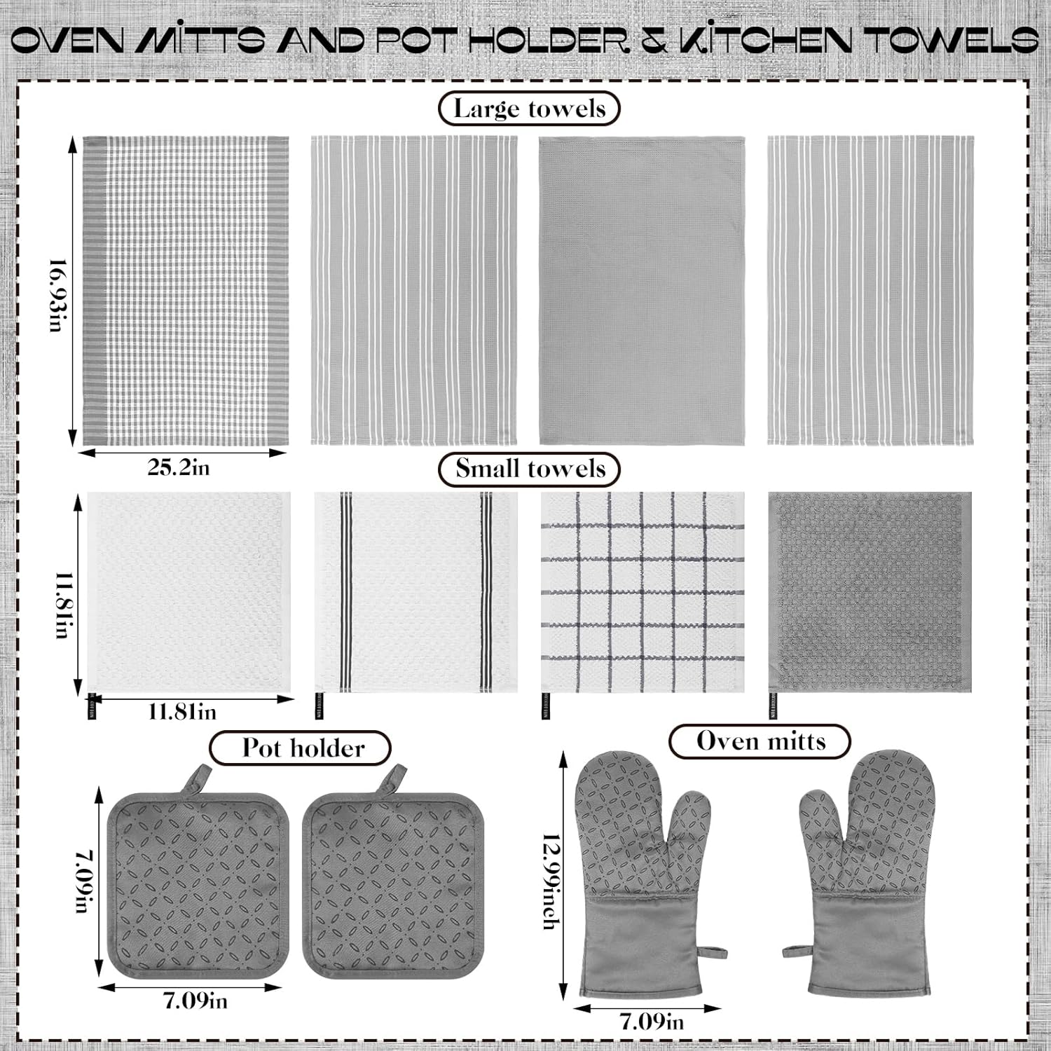 LemonRoad 12 Pcs Oven Mitts Kitchen Towels Dishcloths with Pot Holders Sets Dish Towels Sets Oven Gloves Heat-Resistant Pot Pads with Silicone for Kitchen Cooking Baking(Gray) - Image 3