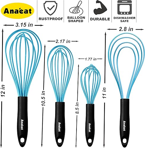 Vista 32 de Anaeat Batidor de globo de silicona, perfecto para utensilios de cocina antiadherentes, batidora de leche y huevos, batidor de cocina resistente al