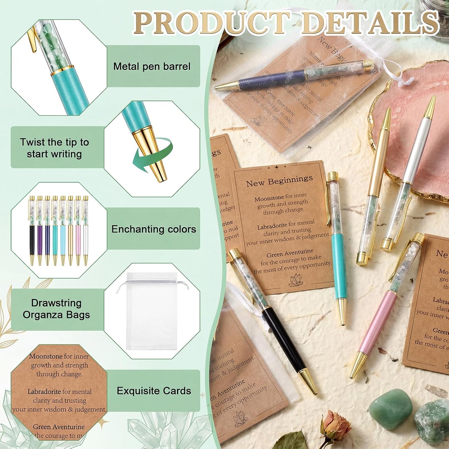 Feifeiya 8 Sets New Beginning Crystal Pens with Cards Bags, Women New Chapter Inspirational Gifts, Anxiety Relief Crystals Gifts for Graduation Leaving Going Away Nurses, Teachers, Coworkers