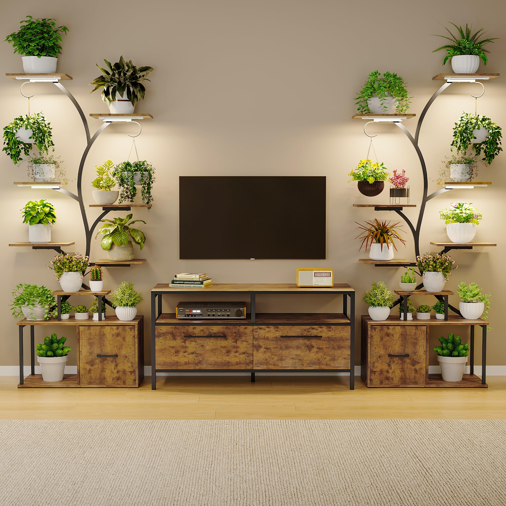 Support de fleurs avec lumières de croissance - Étagère à plantes à 9 étages en bois et métal avec grande capacité de stockage - Armoires - 156 cm - Pour l'intérieur et l'extérieur - Pour balcon