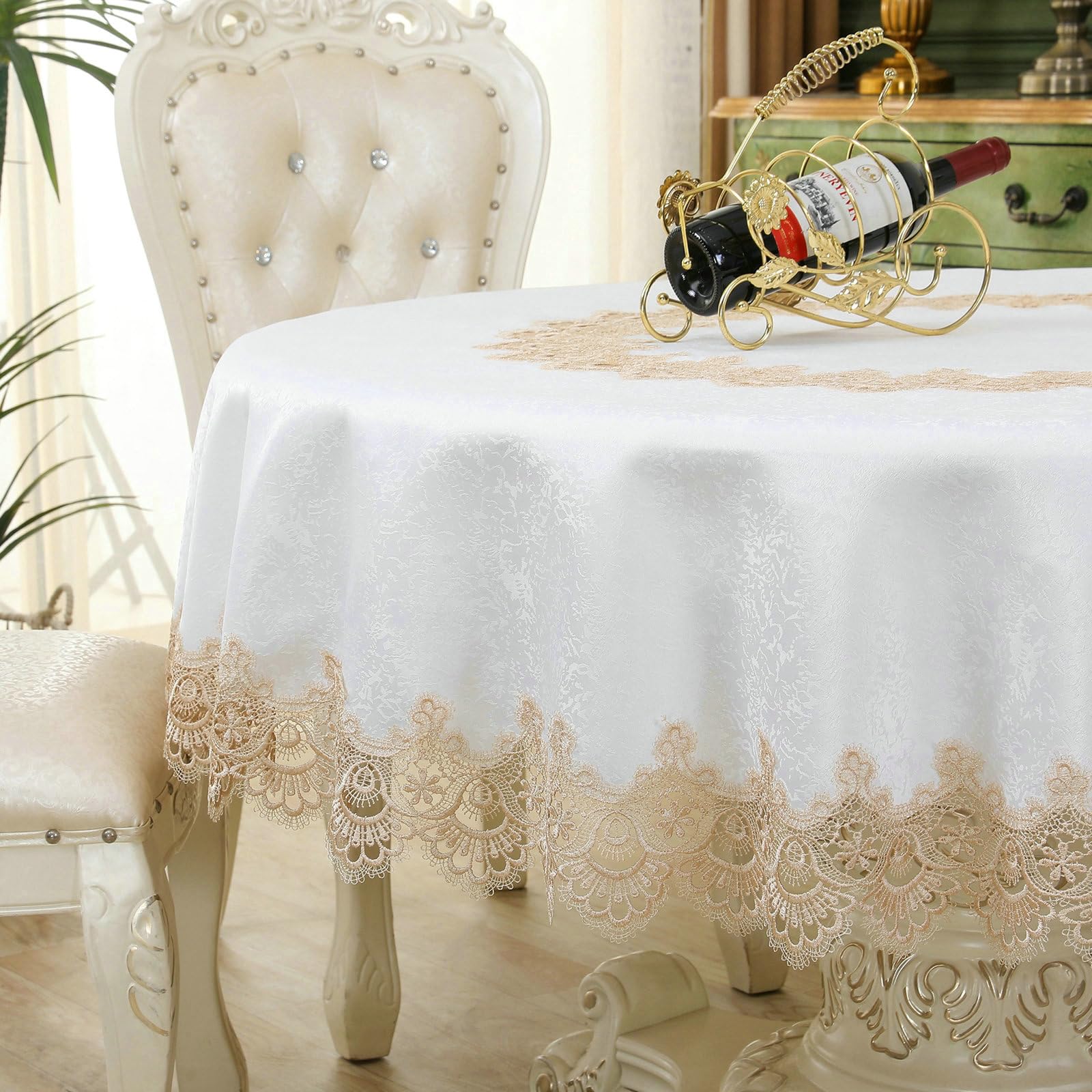 Runde Tischdecke Abwaschbar 180 cm, Spitze Blume Jacquard Polyester