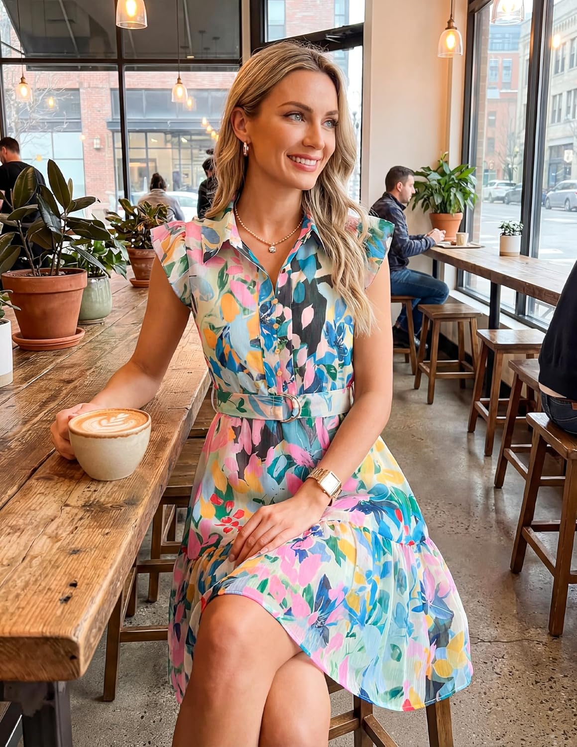 ZESICA Womens Summer Boho Floral Mini Dress 2026 Flutter Short Sleeve Button Chiffon A Line Beach Vacation Party Dresses - Image 7