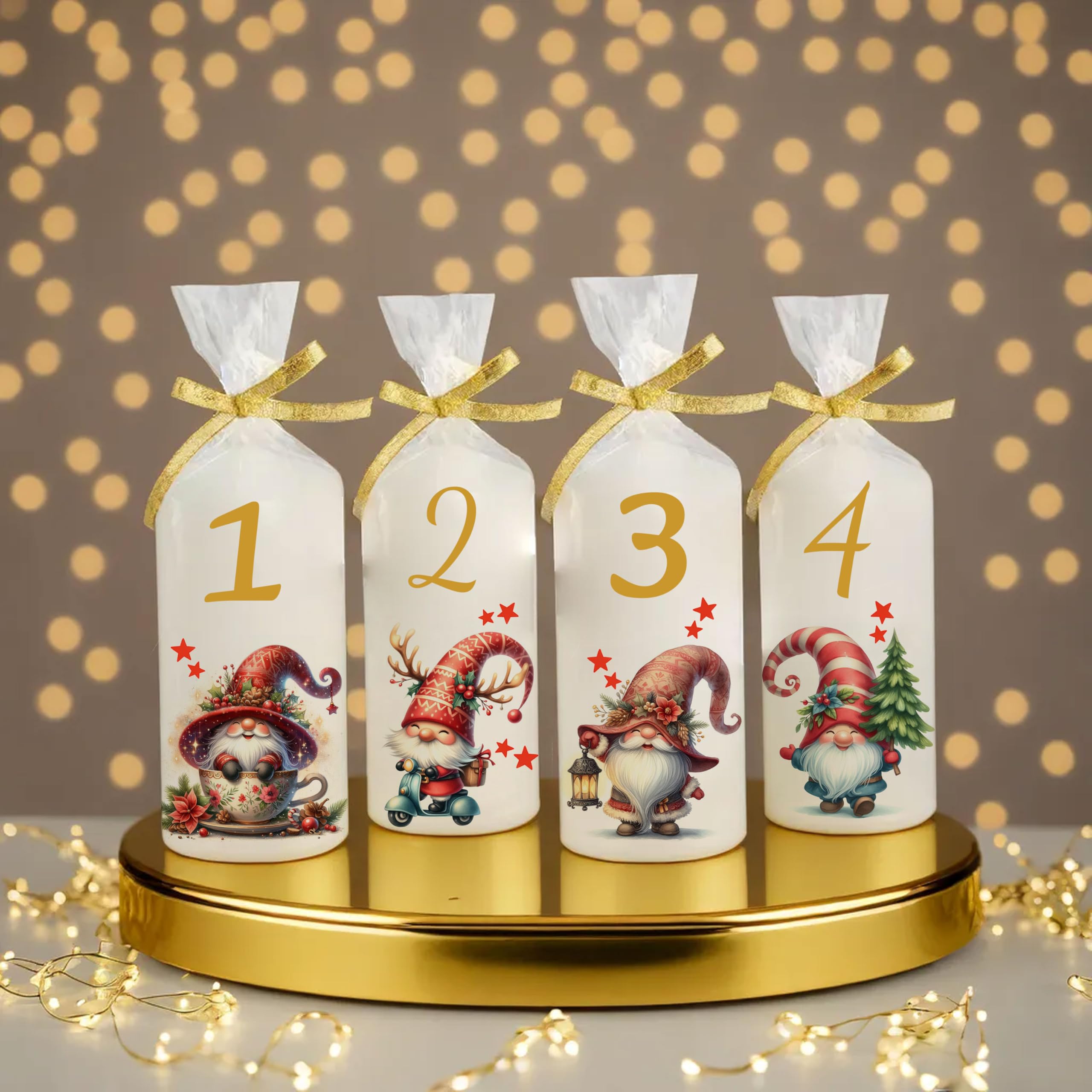 Candela dell'Avvento personalizzata con nome e scritta come decorazione da tavolo, decorazione da tavolo, candela dell'Avvento, regalo amorevole, 4 pezzi, gnomi, durata 35 ore, diametro 6,8 x altezza