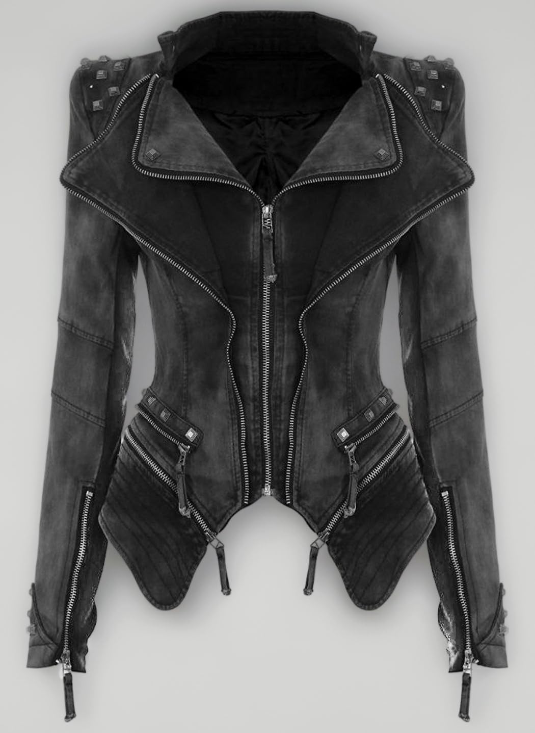 Womens Punk Spike Studded Shoulder Vintage Denim Jacket Jeans Coat