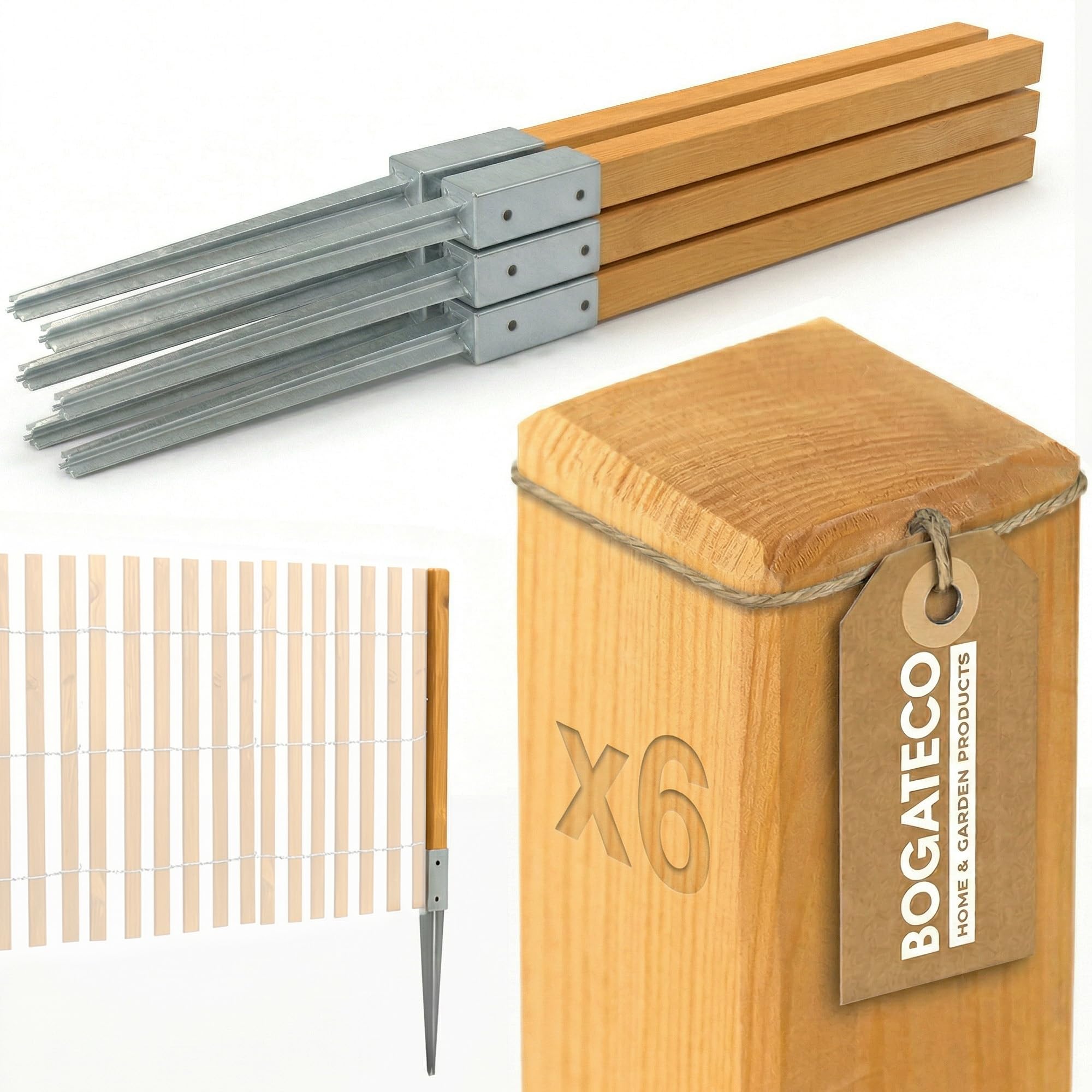 BOGATECO Lot de 6 poteaux de clôture en bois imprégné - 100 x 5 x 5 cm - Poteaux carrés avec tête plate - Avec manchon de sol à enfoncement - Bois équarri - Marron clair