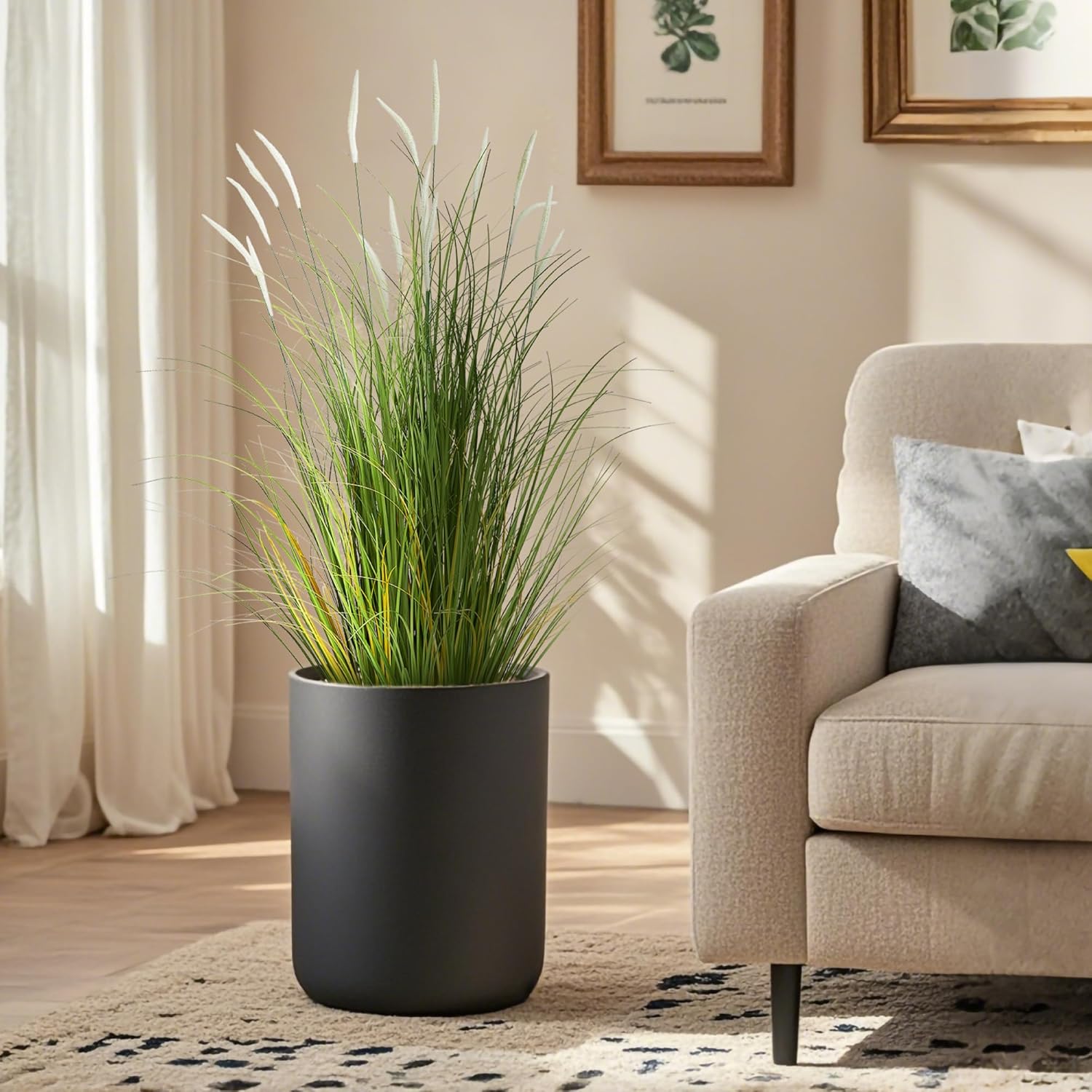 KOL 3ft 2-Pack Artificial Cattail Reed Grass, 35in Artificial Indoor Outdoor Fake Onion Grass Plant, Home Office Wedding Decorative Faux Potted Plant Greenery, Housewarming Gift, White