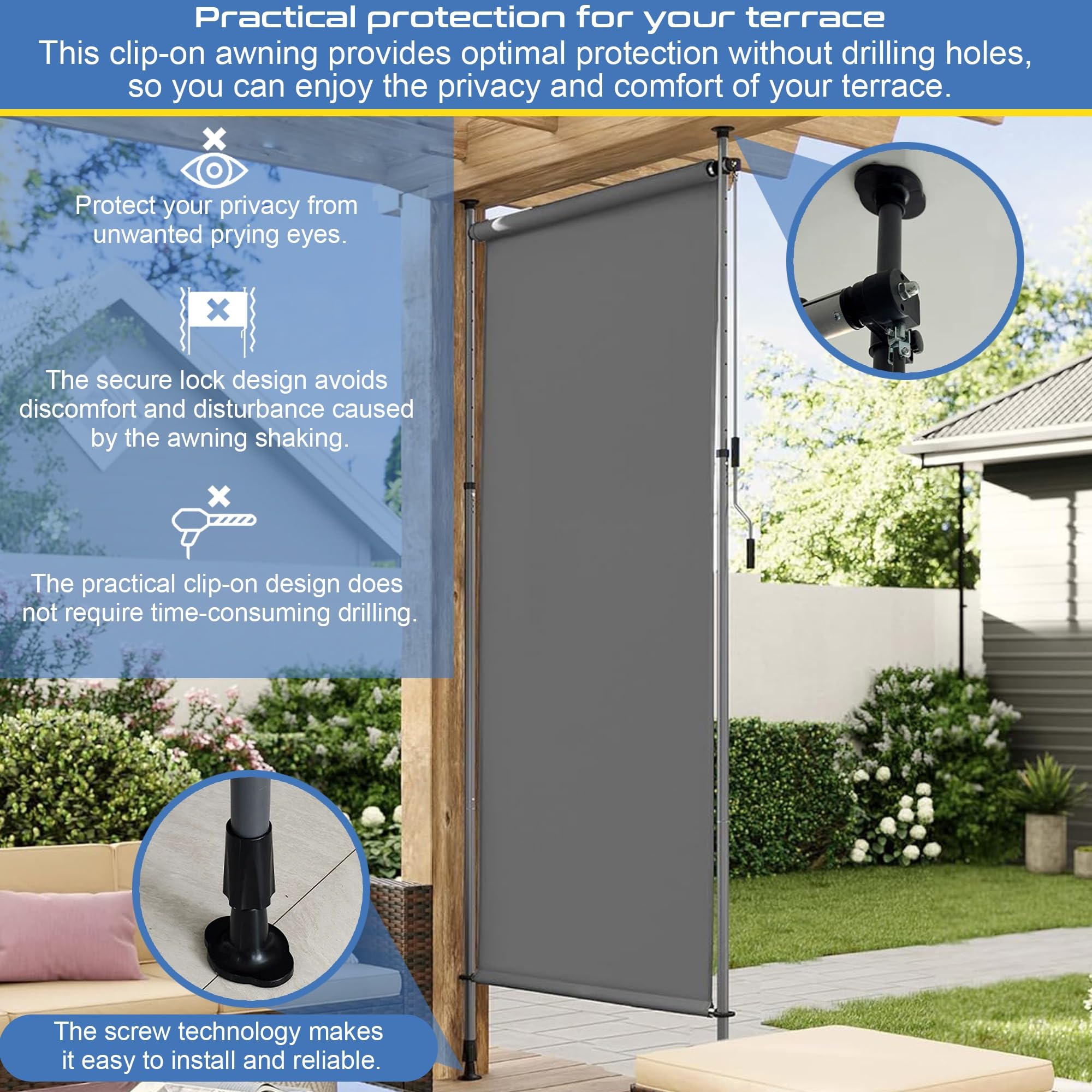 Tenda da sole manuale retrattile per patio, impermeabile, resistente ai raggi UV, altezza regolabile, facile funzionamento a manovella, senza fori, perfetta per spazi esterni
