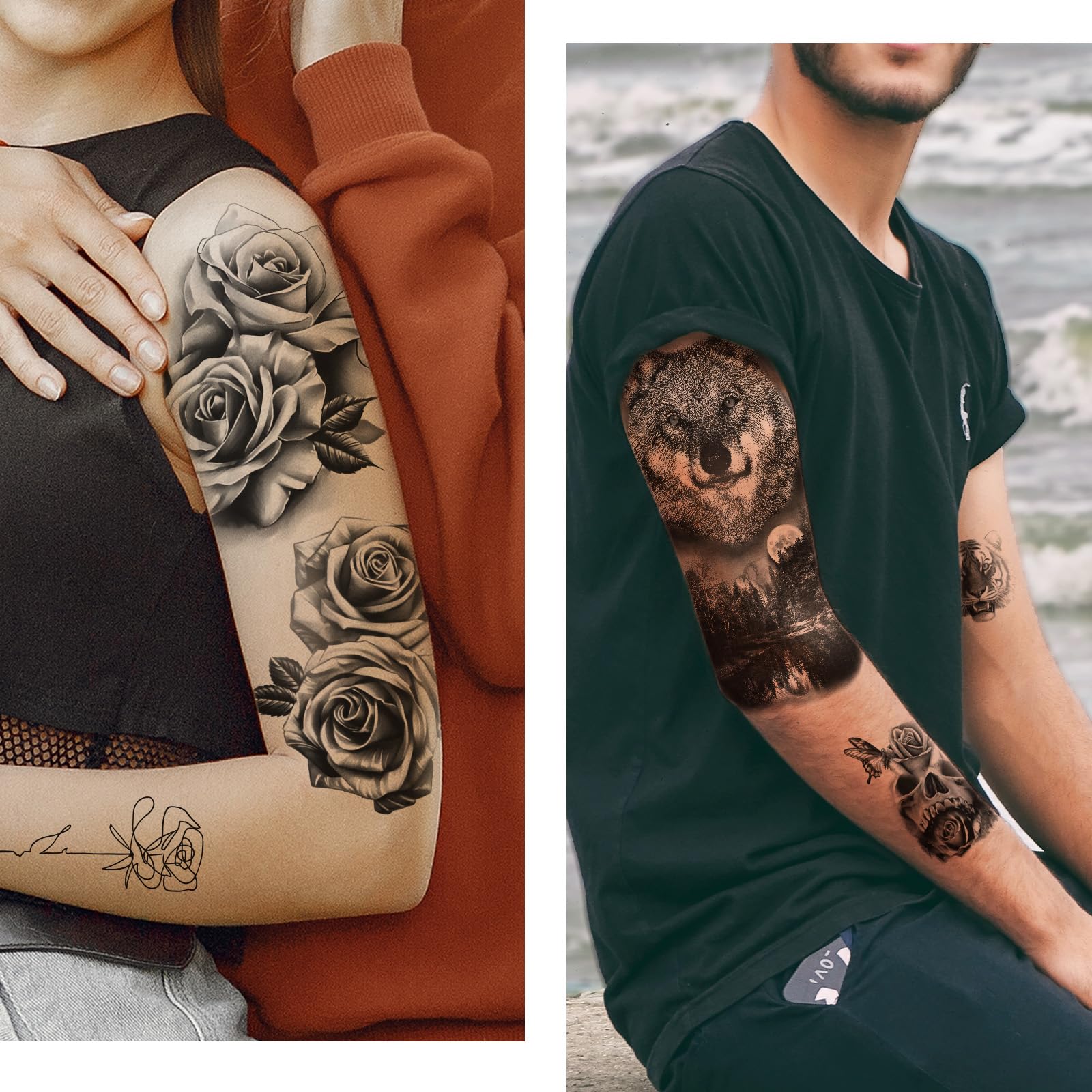 77 hojas de tatuajes temporales impermeables para niñas o niños, 17 hojas más grandes, medio brazo, león, lobo, búho, alce, serpiente, mariposa, rosa, tatuajes falsos para hombres o mujeres y 4