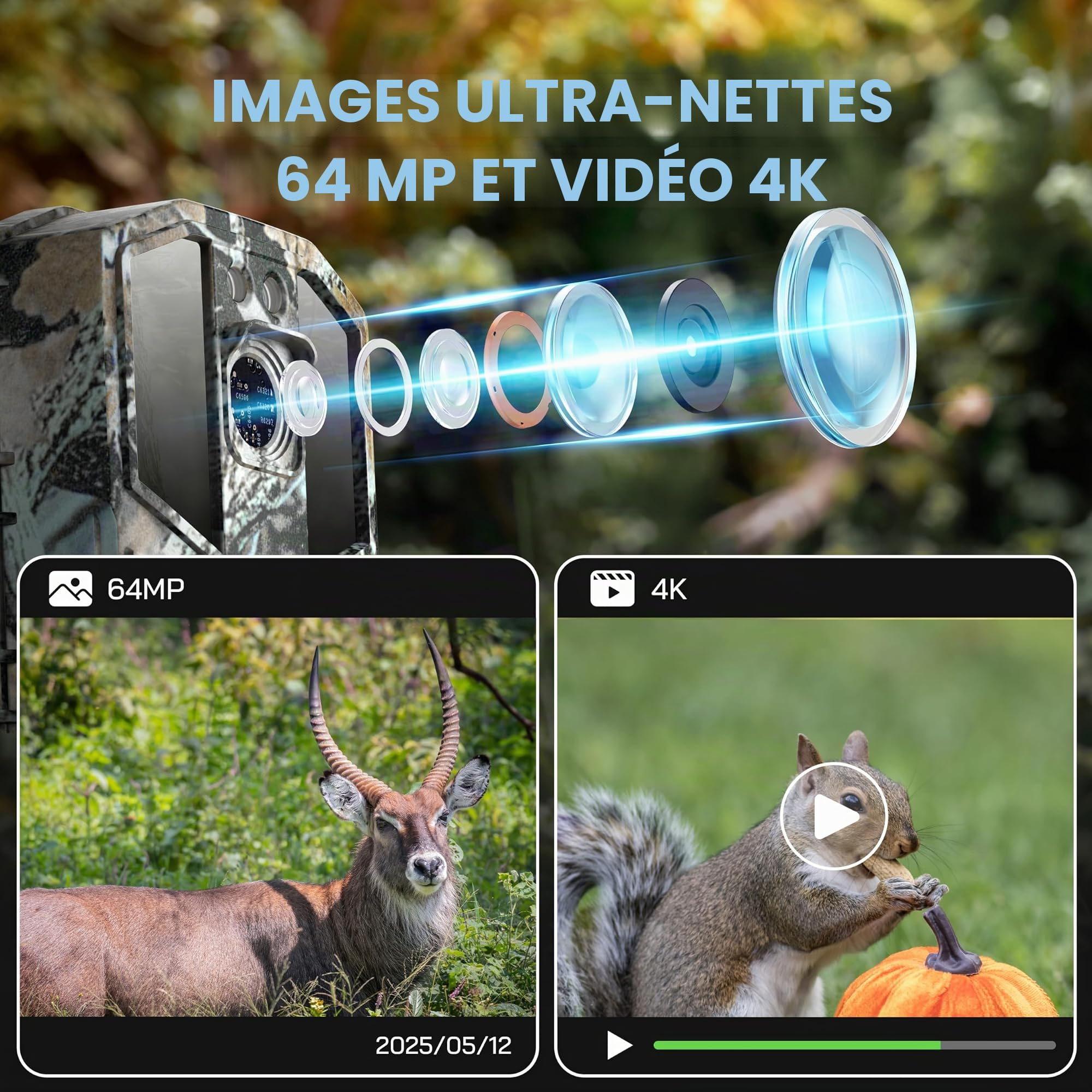 WOLFANG WiFi Caméra de Chasse,64MP 4K HD Caméra Chasse avec 940 nm No Glow Vision Nocturne,IP66 Étanche pour l'observation des Animaux