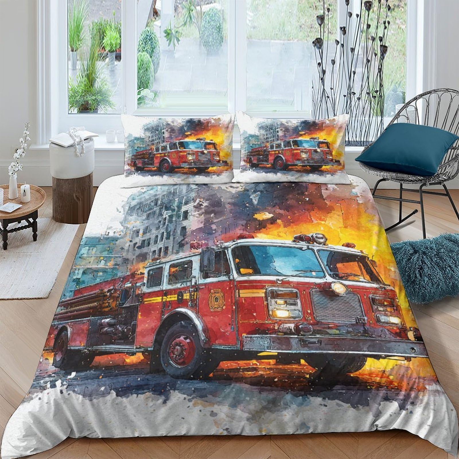 Ctjqhvkz Style-5 3D Printed Fire Truck Fitted Sheet Microfiber Soft Red Flame Scene Bed Cover For Bedroom Dorm Mattress Protection Decor Single（135X200cm）