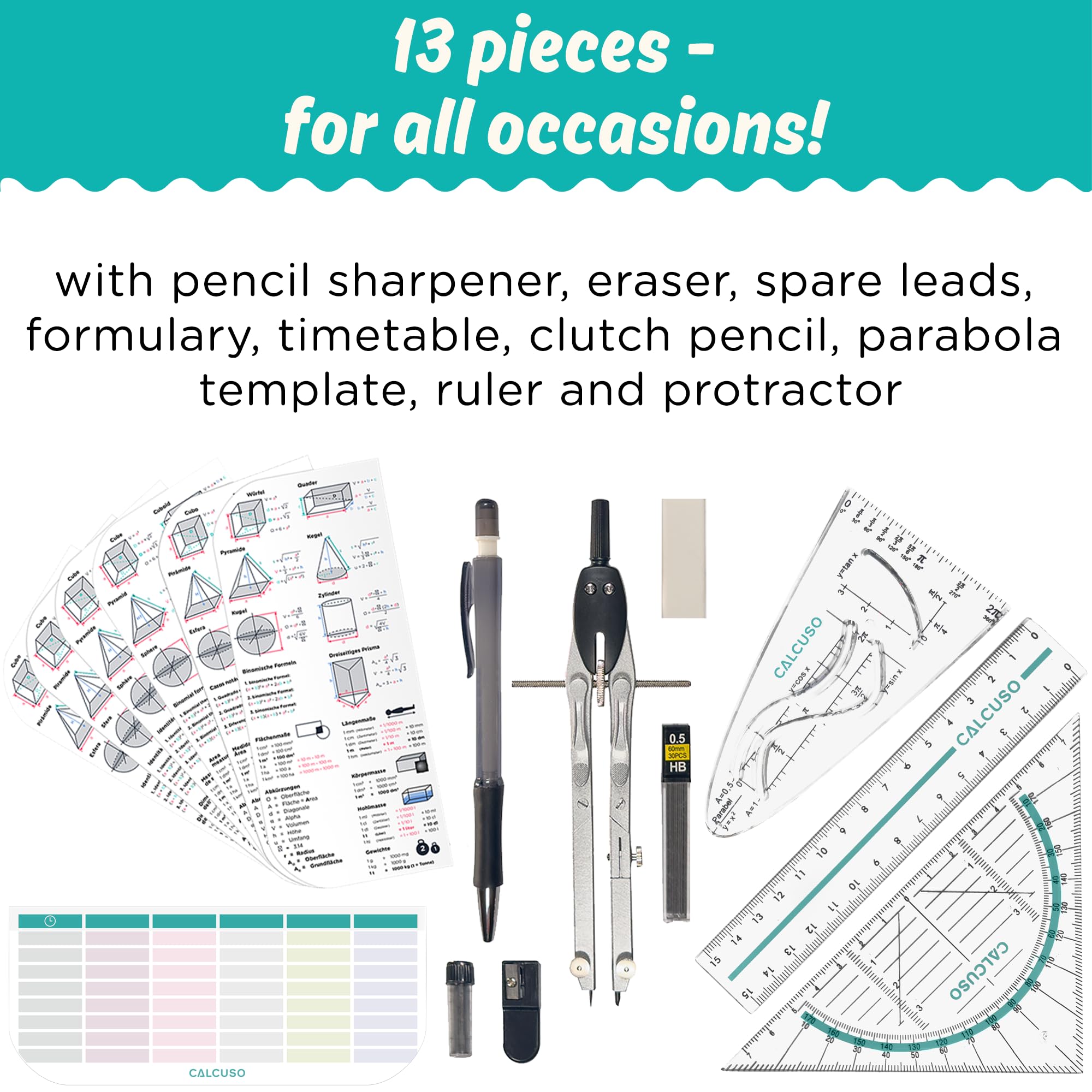 CALCUSO 15-Piece Maths Set & Professional Geometry Set, Precision Center-Wheel Compass for Maths & Drawing - Image 2