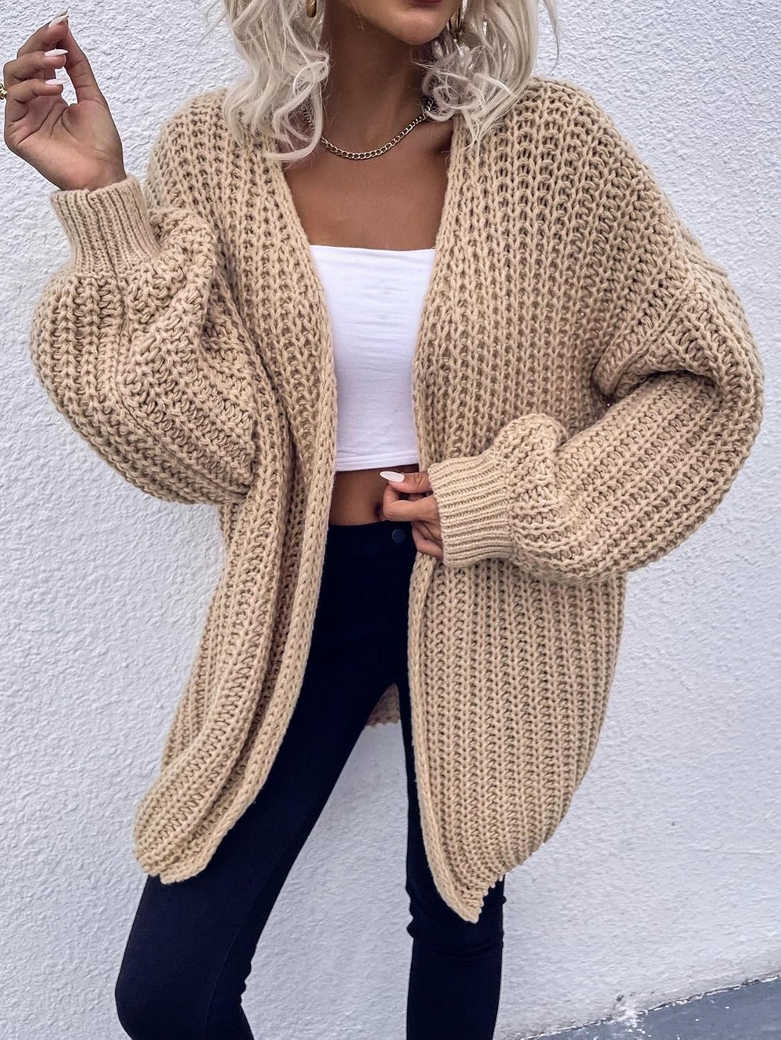Women's Trench Coat Knit Drop Shoulder Cardigan Long Sleeve Classic Overcoat