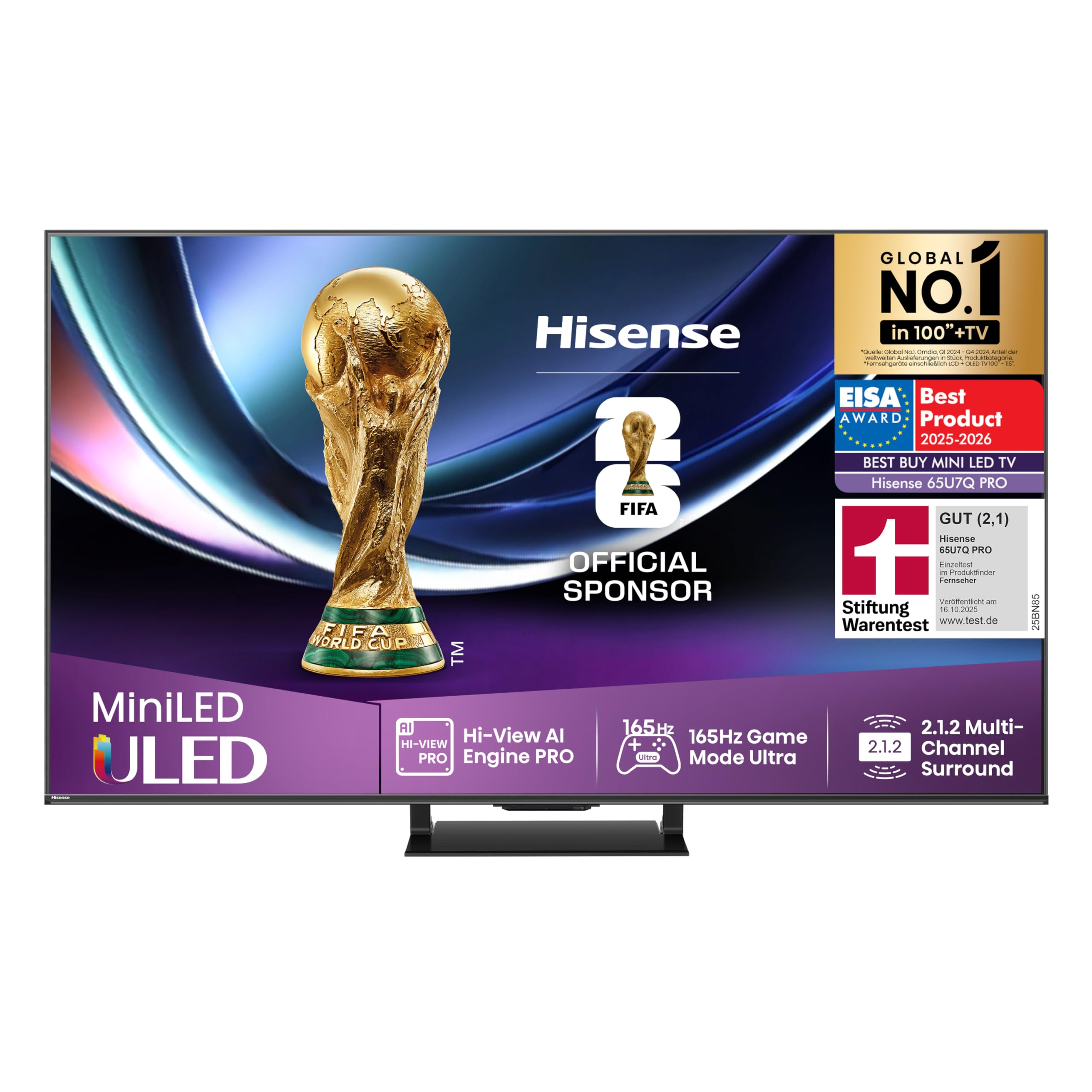 Hisense 65U7Q Pro Fernseher 65 Zoll, 4K Mini LED, Smart TV, Hi-View AI Engine Pro, 165Hz Game Mode Ultra, FreeSync Premium Pro, 2.1.2 ch. Surround Sound, Dolby Vision IQ Atmos, Sprachsteuerung [2025]