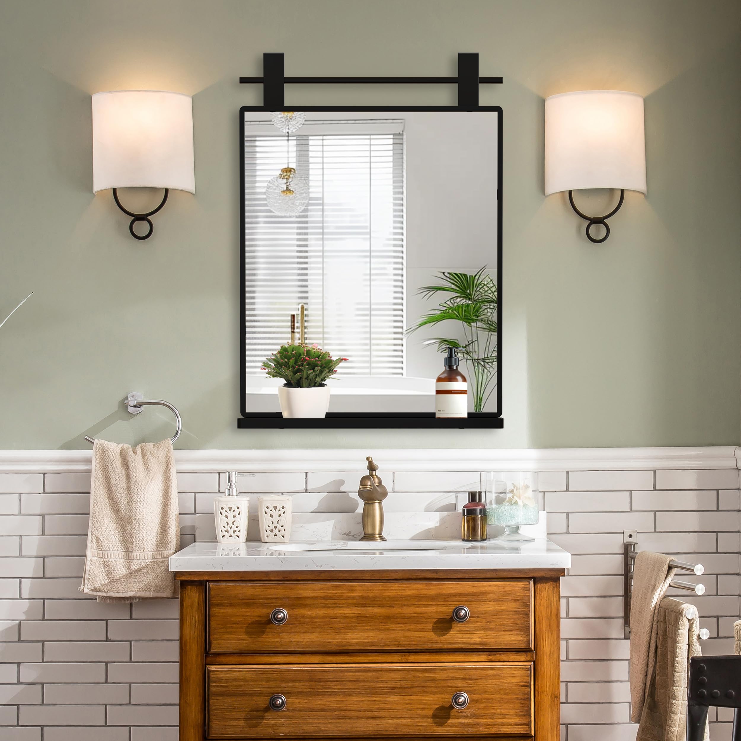 ANYHI Black Bathroom Mirror for Wall, 20"x28" Rectangular Decorative Metal Wall Mirror with Shelf for Living Room, Bedroom, Entryway, Vertical
