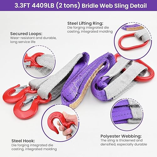 Miniatura 4 de Correas de elevación con ganchos, 3.3 pies, capacidad de 4409 libras, eslinga de poliéster para bridas, correa de aparejo de dos patas resistente