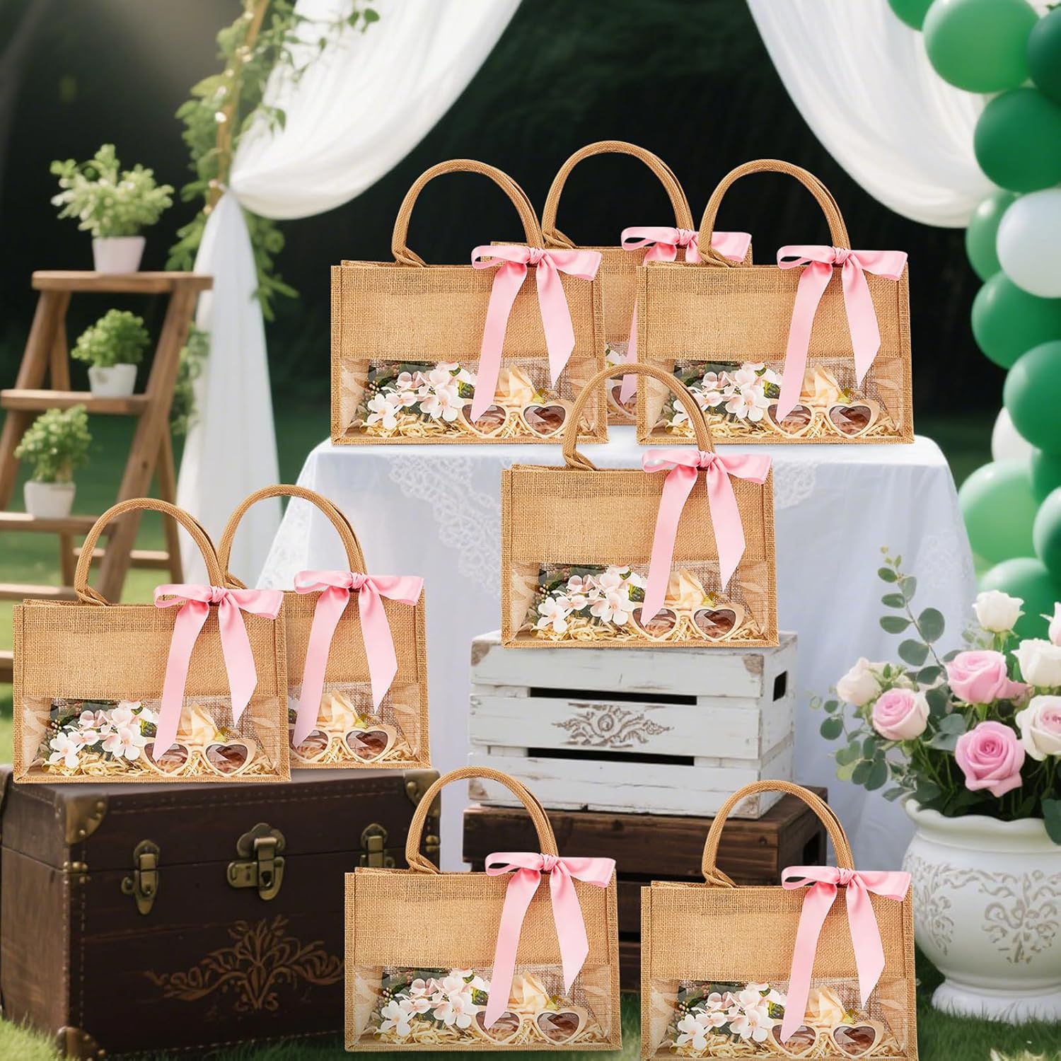 8 Pack Burlap Tote Bags with Clear PVC Window and Pink Ribbon DIY Bachelorette Bags Bridesmaids Gift Bag Reusable Grocery Bag with Handle for Wedding Engagement Beach Shower Party