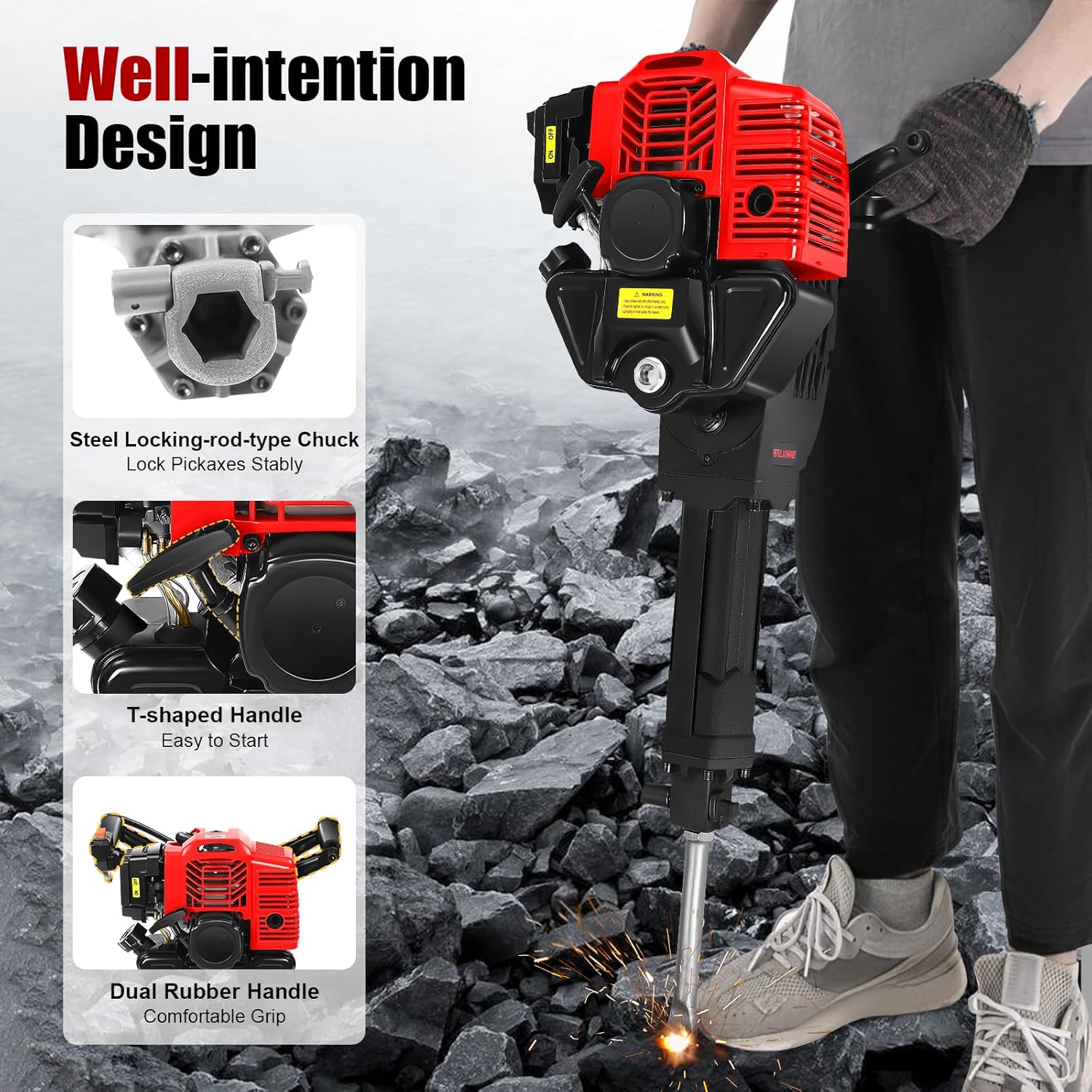 52CC Two-Stroke Jack Hammer, Hand Pull Gasoline Powered Jack Hammer Concrete Breaker with Pointed Pickaxe and Flat Pickaxe, Portable Gas Demolition Chipping Hammer, 6500RPM, 1500 Times/min