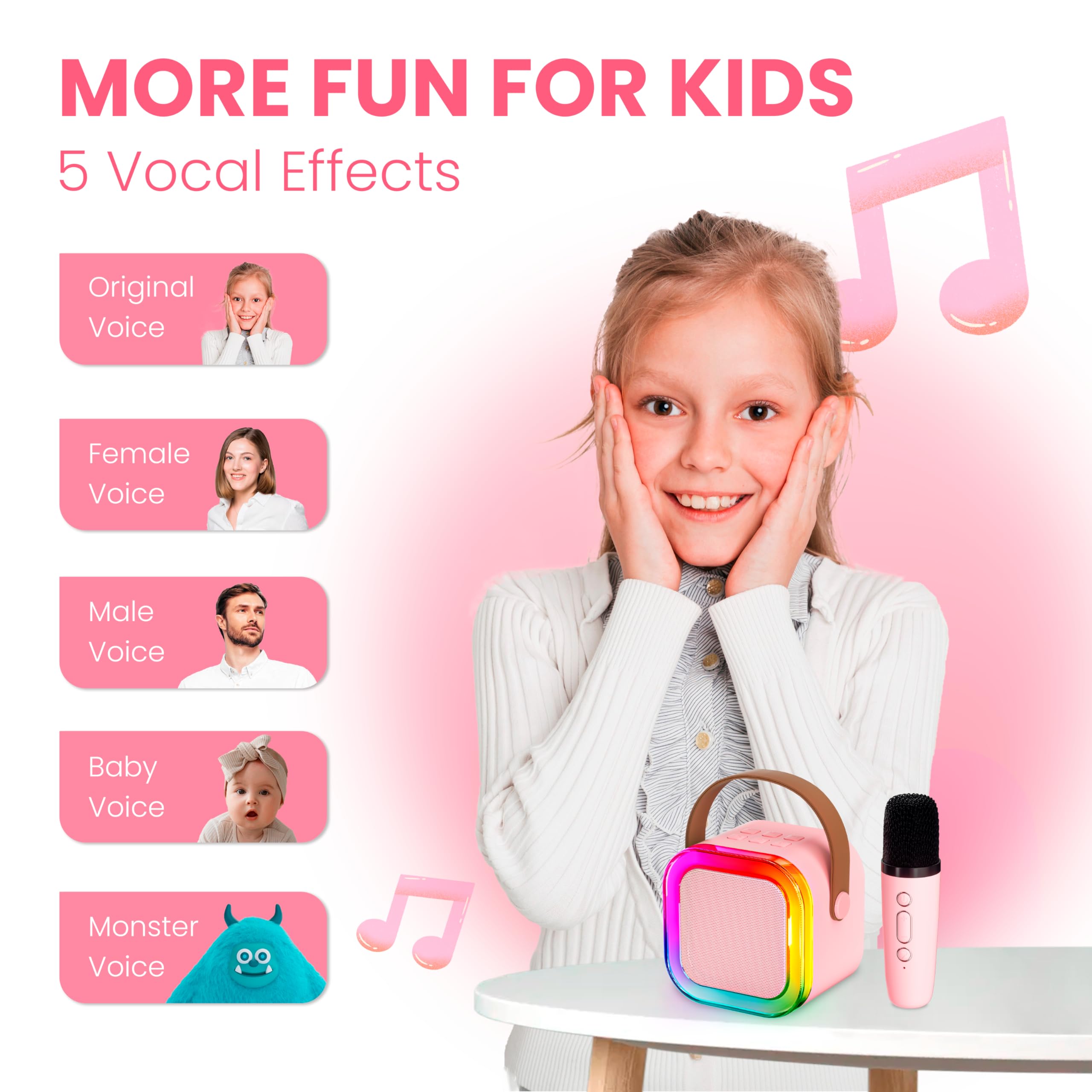 Karaoke con Microfono per Bambini 4-9 Anni, Microfono Bluetooth con Effetti Cambia Voce, Regalo Compleanno Natale Rosa