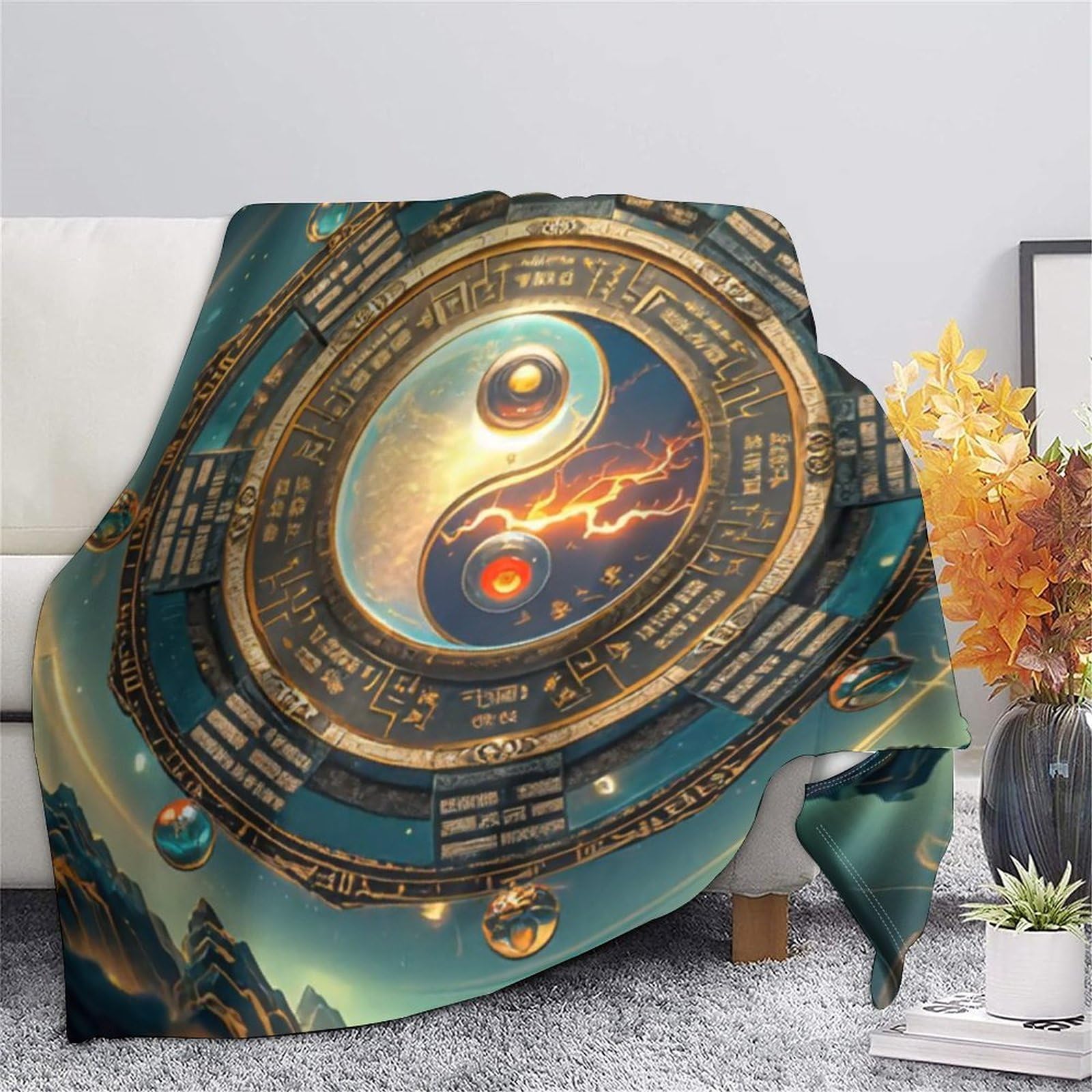 Oeko Tex Yin-Yang koce polarowe 150 x 200 cm, 340 g/m2. Idealnie nadają się jako koc do mieszkania, przytulny, narzuta na sofę lub koc piknikowy, dwustronny koc polarowy (Sherpa i flausz)
