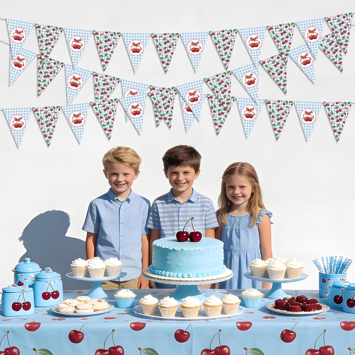 3pcs Cherry Pennant Banner Blue Gingham Triangle Flags Cherry Party Decorations Blue She’s the Cherry on Top Birthday Decor Baby Shower Garland Fruit Theme Party Supplies image 4