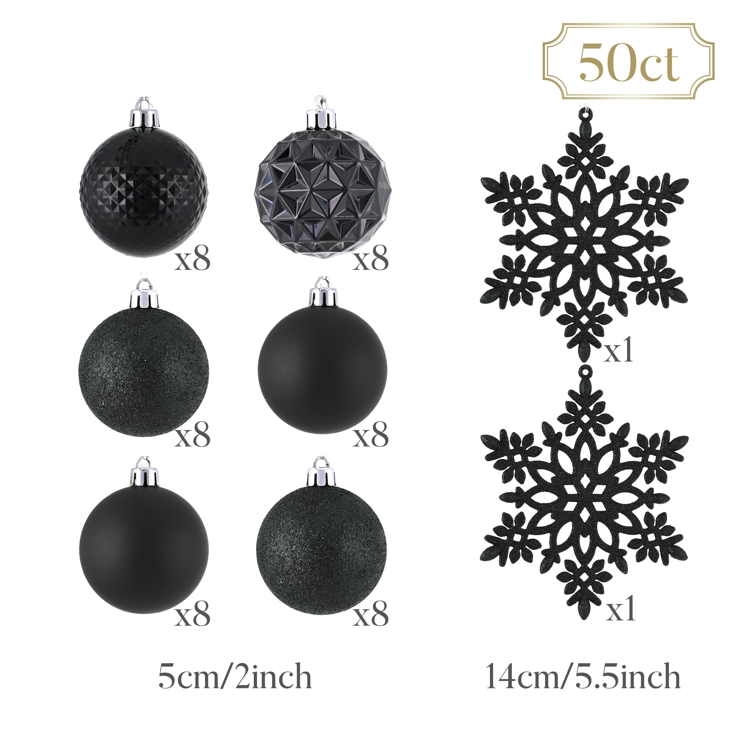 Valery Madelyn Lot de 50 boules de Noël incassables à suspendre pour sapin de Noël et Halloween du 4 juillet, 5,1 cm, noir