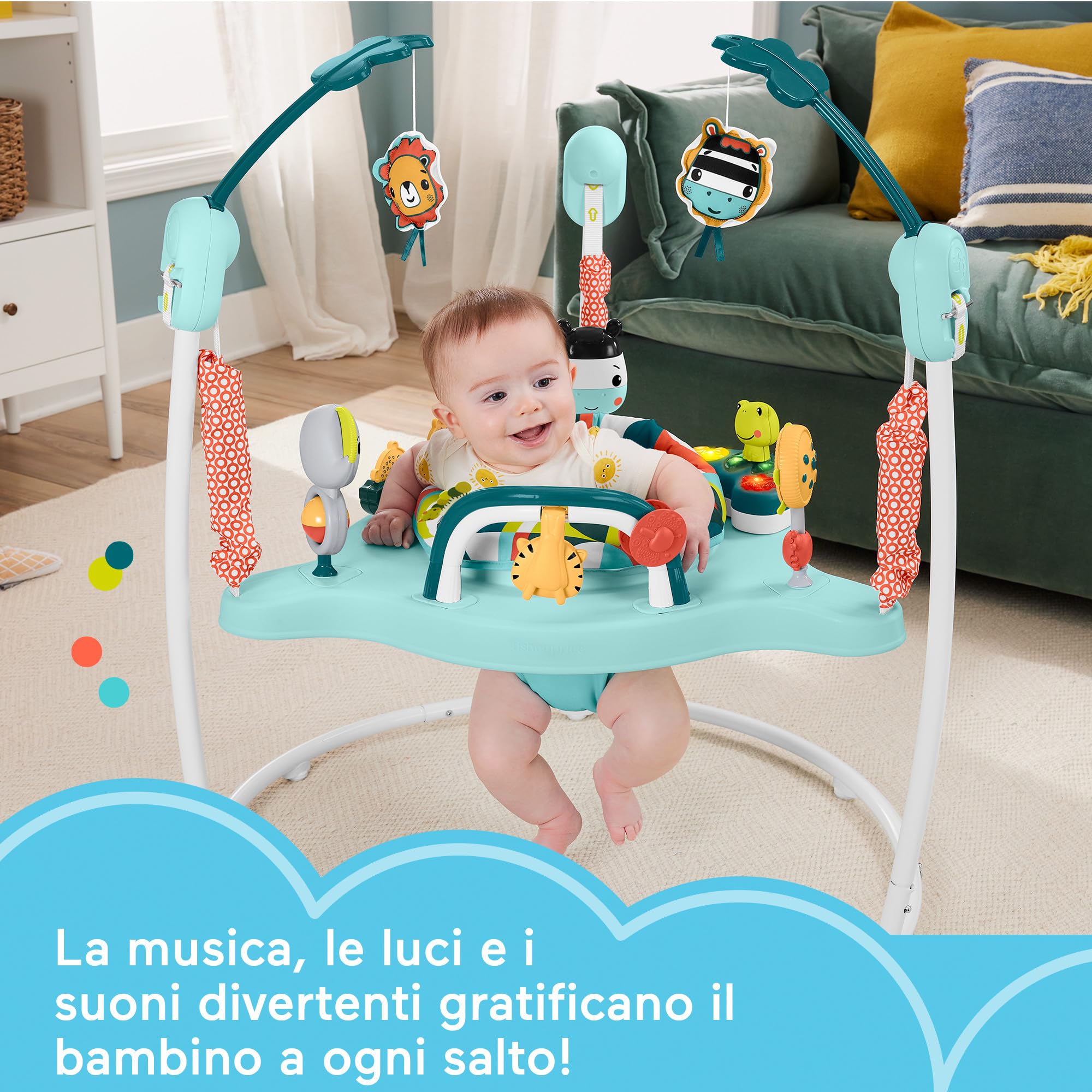 Fisher-Price - Centro Attività Arcobaleno, con luci, 20 minuti di musica e suoni, seggiolino girevole, tanti accessori e amici animali, giocattolo per bambini, 0+ anni, HNX59