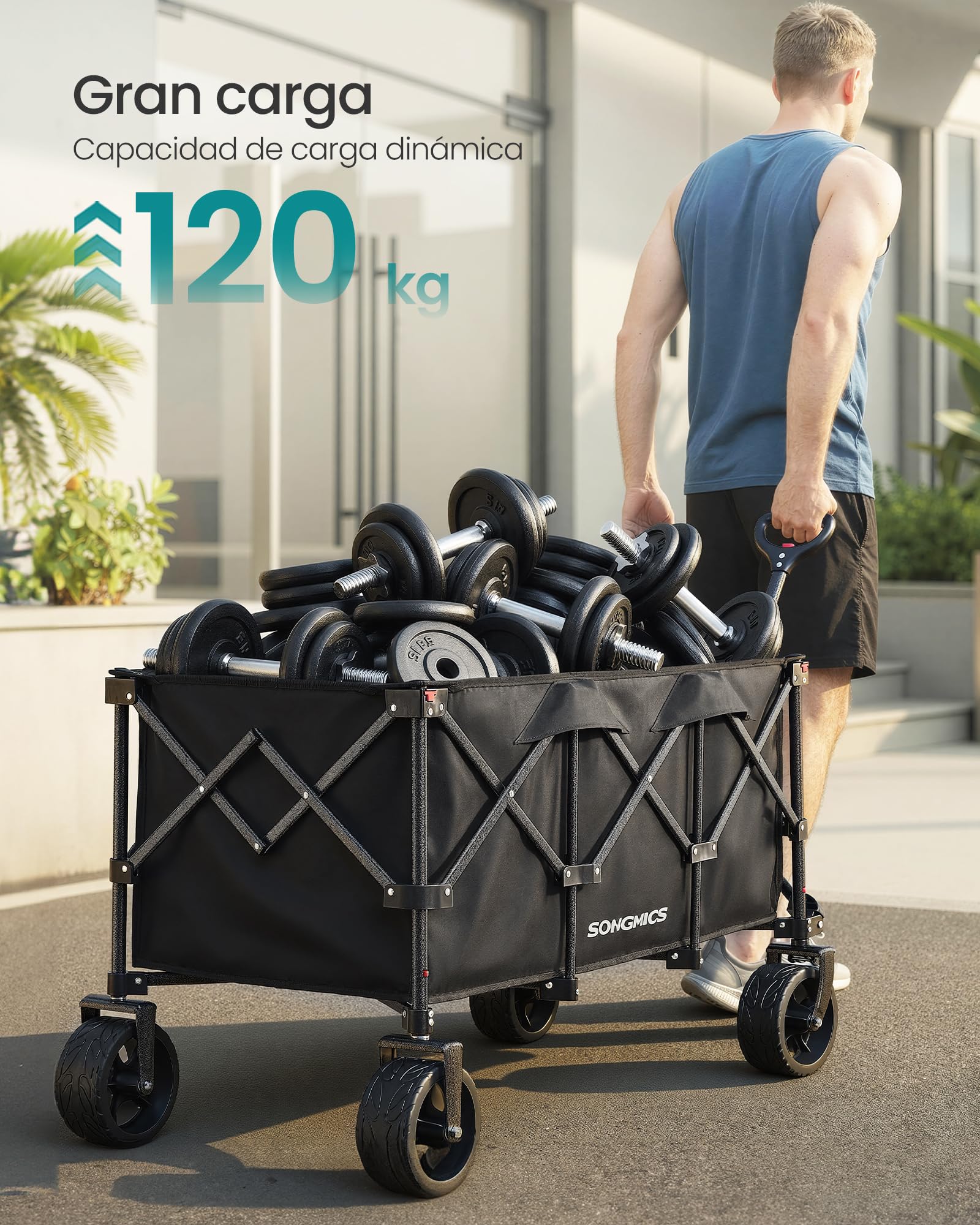 SONGMICS Carro de Mano Plegable con Asa, 4 Ruedas Desmontables, Carro de Jardín para Exterior, Playa, Camping, Carga de 150 kg, 200 L, Negro Tinta GFW200B01