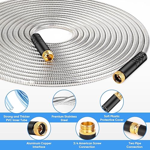 Miniatura 3 de Manguera de jardín de 50 pies, manguera de agua de acero inoxidable de metal con boquillas de 10 funciones, sin torceduras, manguera flexible,
